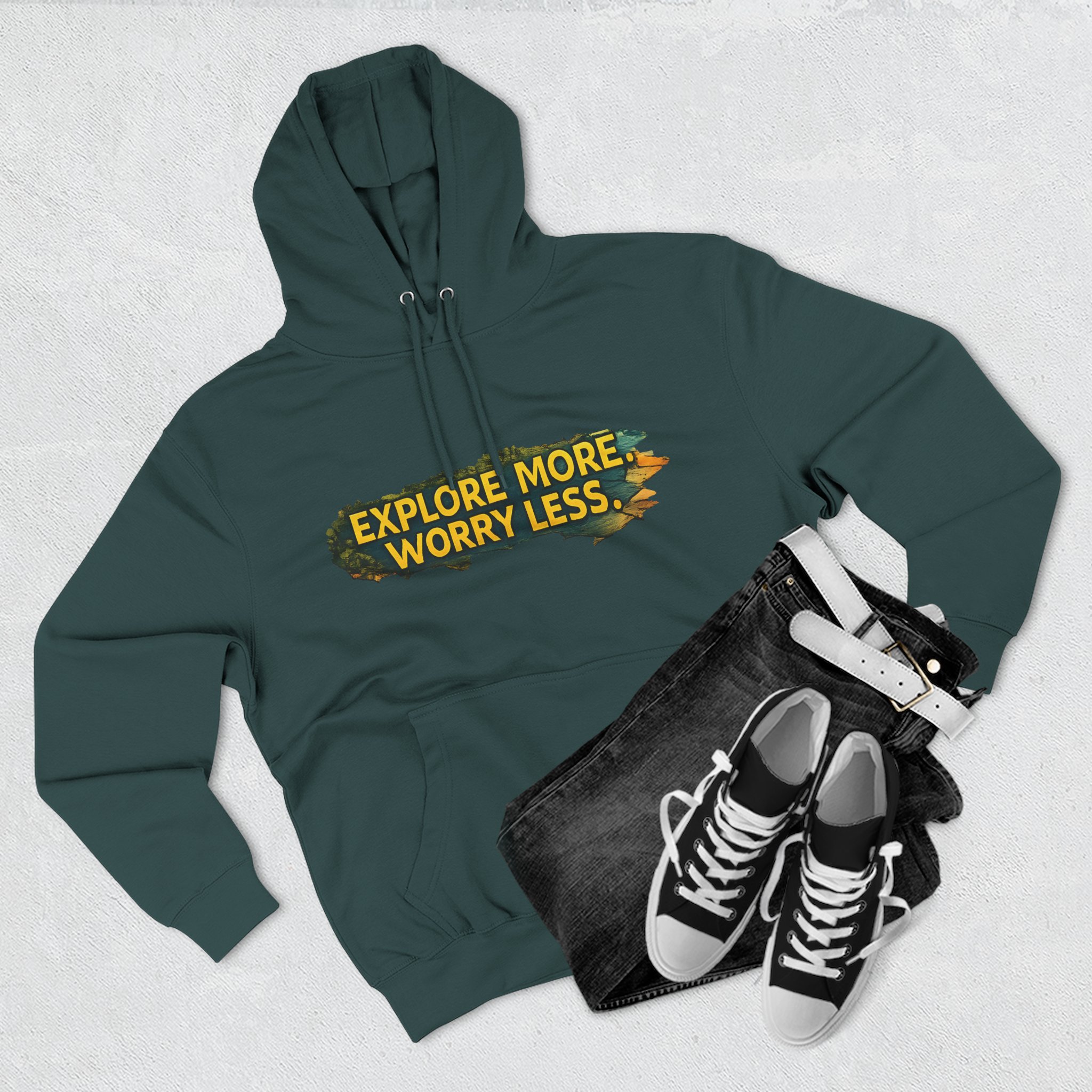 15730168033639053842_2048.jpeg Three-Panel Fleece Hoodie - "Explore More Worry Less" Design Cubic-Line