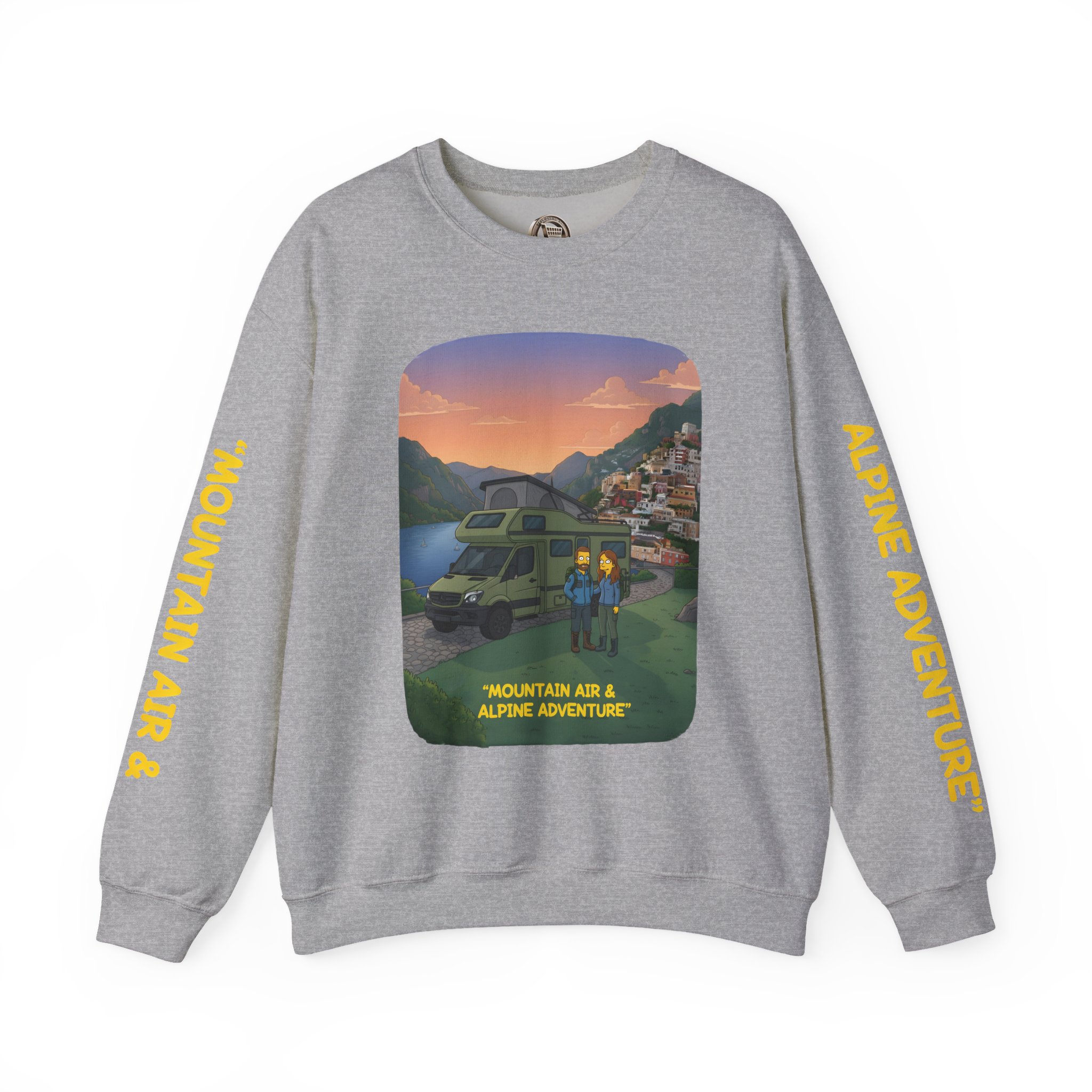 Unisex Heavy Blend™ Crewneck Sweatshirt — "Mountain Air And Alpine Adventure"" Design Sitcom-Line