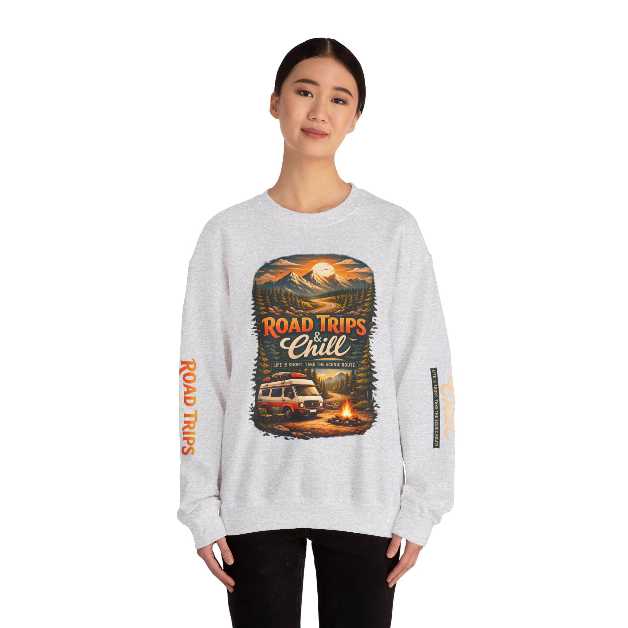 15742013032357247800_2048.jpeg Unisex Heavy Blend™ Crewneck Sweatshirt — "Road Trips & Chill" Design Scenic-Line