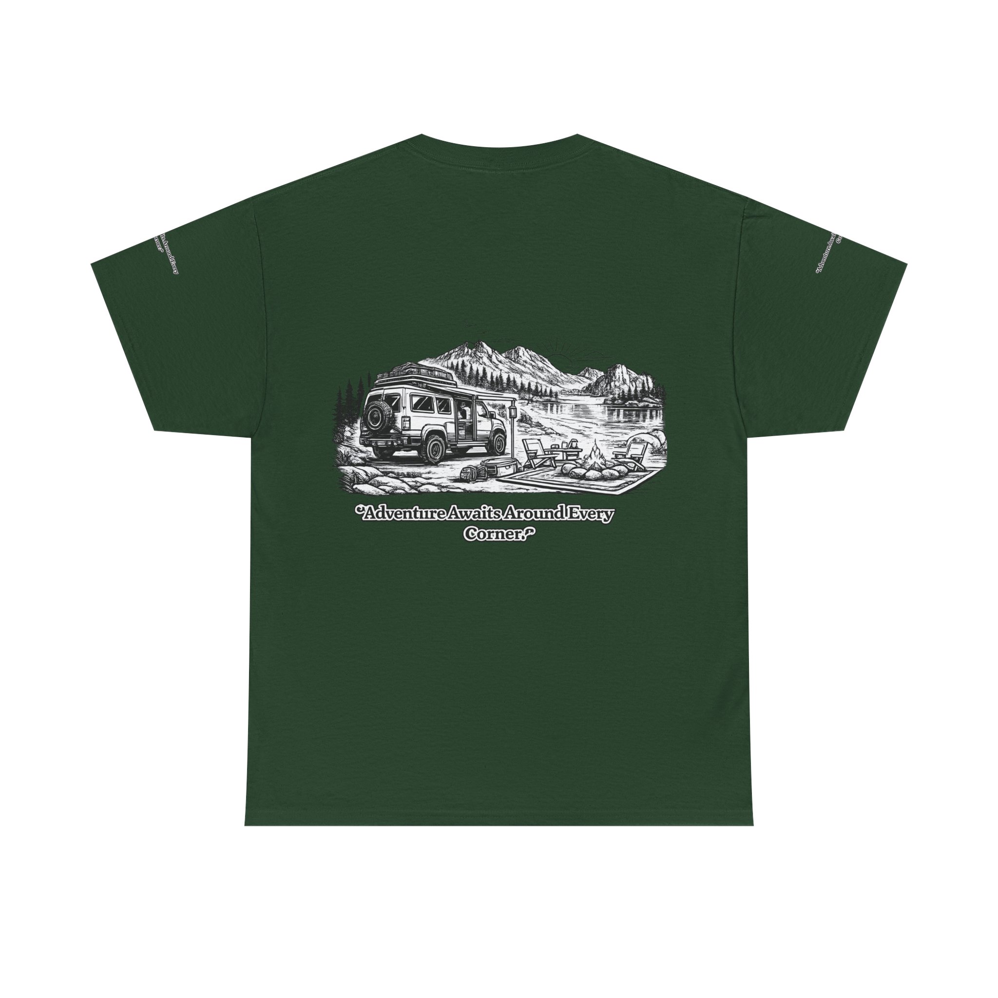 Unisex Heavy Cotton Tee — "Adventure Awaits Around Every Corner" Design Minimal-Line