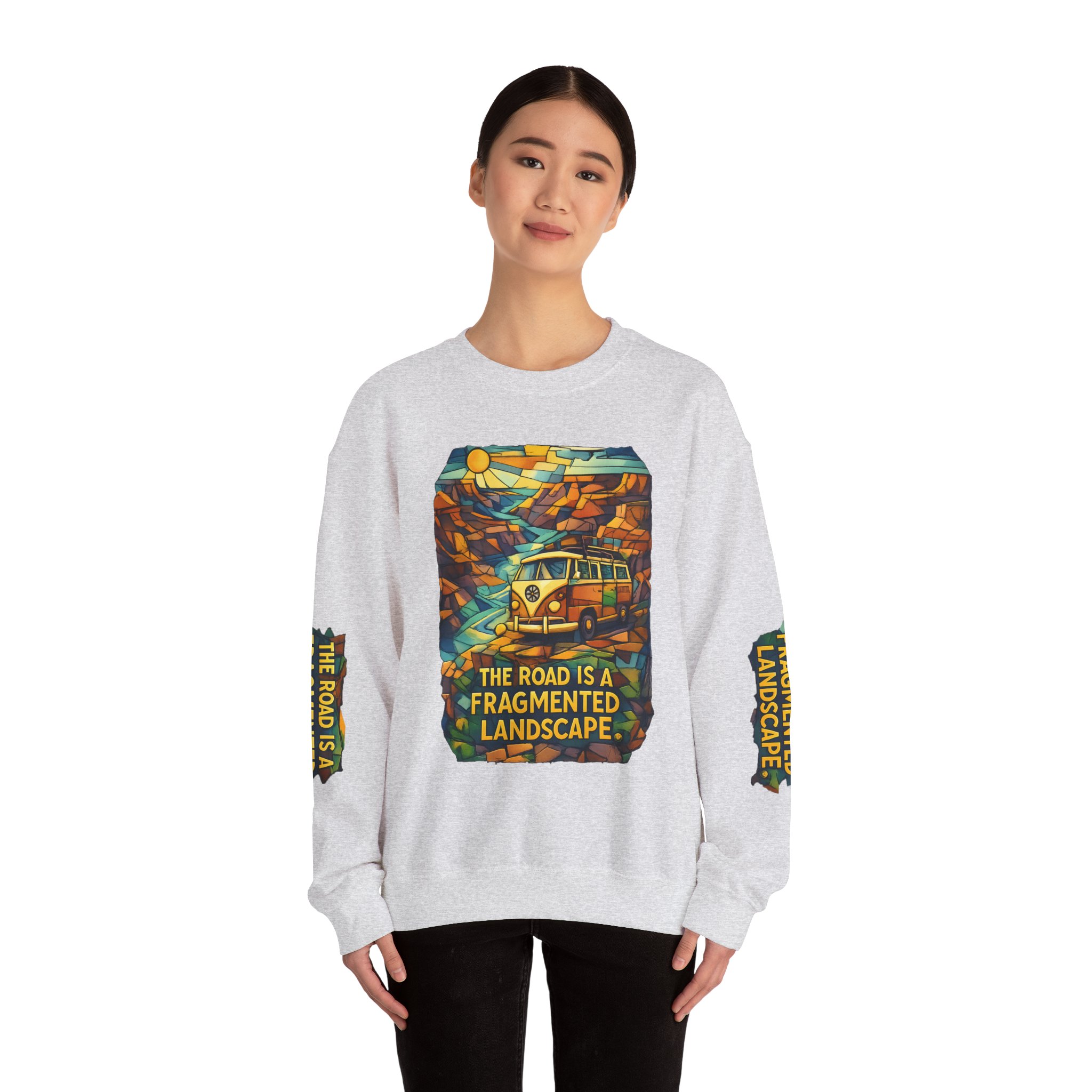 Unisex Heavy Blend™ Crewneck Sweatshirt — "The Road Is A Fragmented Landscape" Design Cubic-Line
