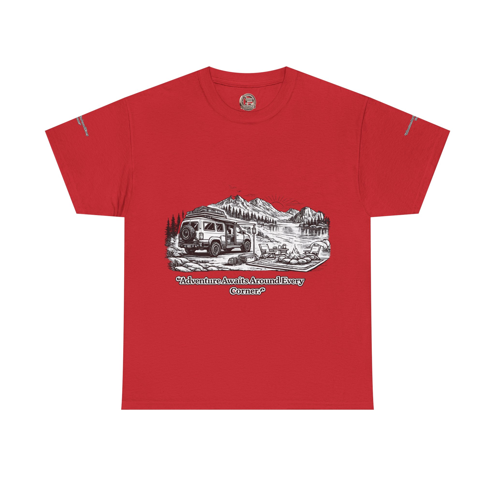 Unisex Heavy Cotton Tee — "Adventure Awaits Around Every Corner" Design Minimal-Line
