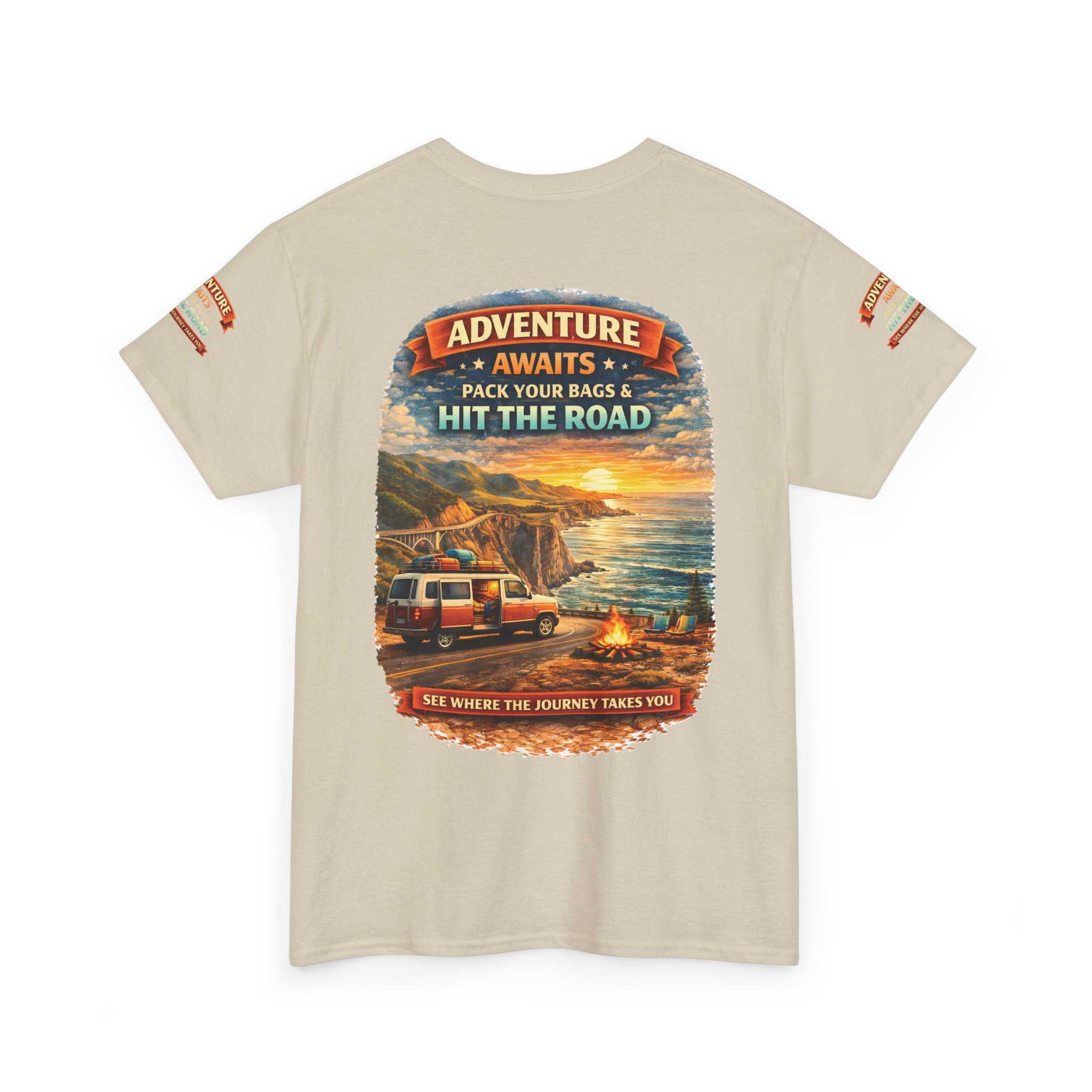 Unisex Heavy Cotton Tee — "Adventure Awaits-Pack Your Bags" Design Scenic-Line