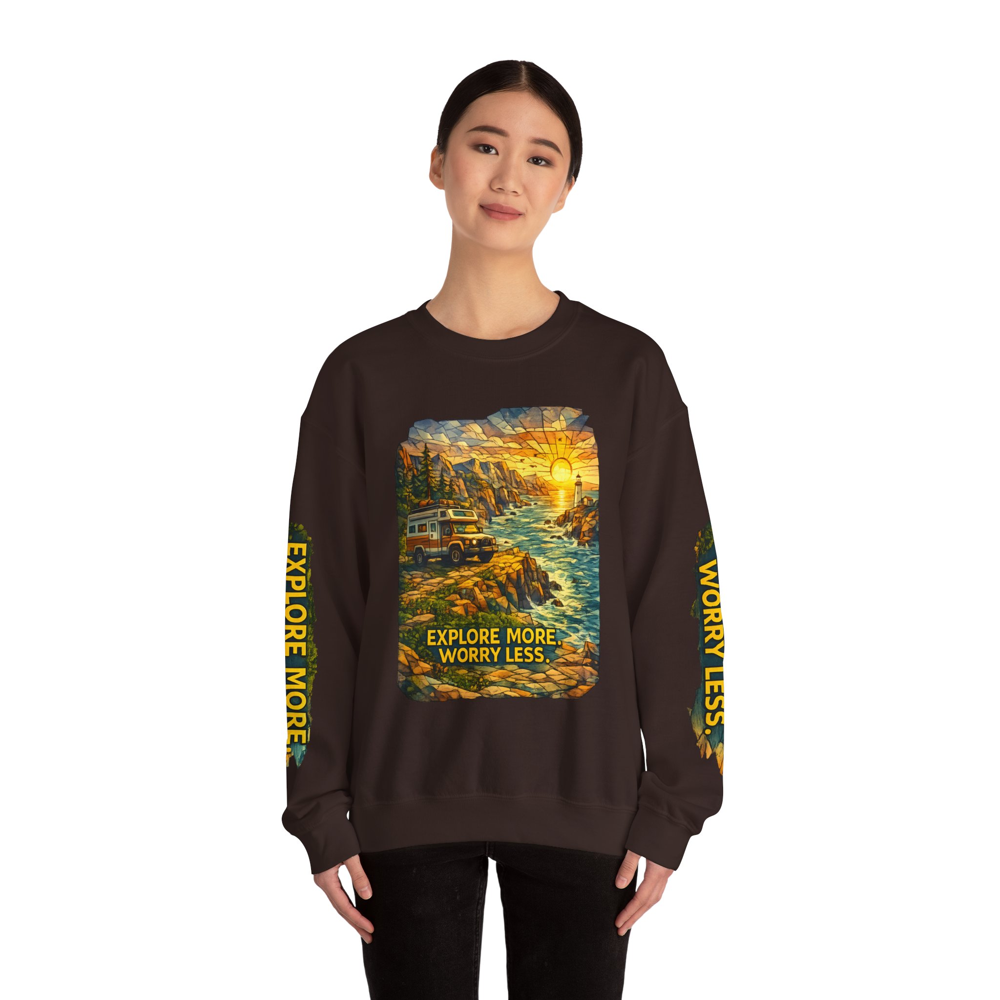Unisex Heavy Blend™ Crewneck Sweatshirt — "Explore More Worry Less" Design Cubic-Line