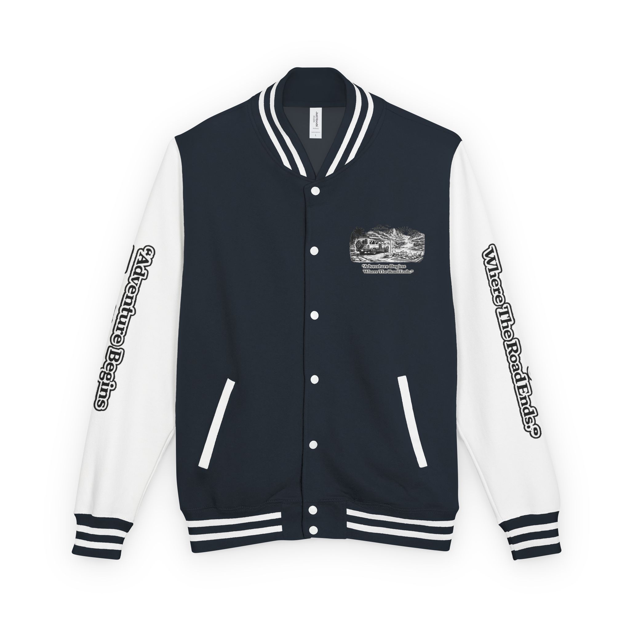 15763086990970877671_2048-1.jpeg Unisex Heavyweight Letterman Jacket — "Adventure Begins Where The Road Ends" Travel Varsity Coat