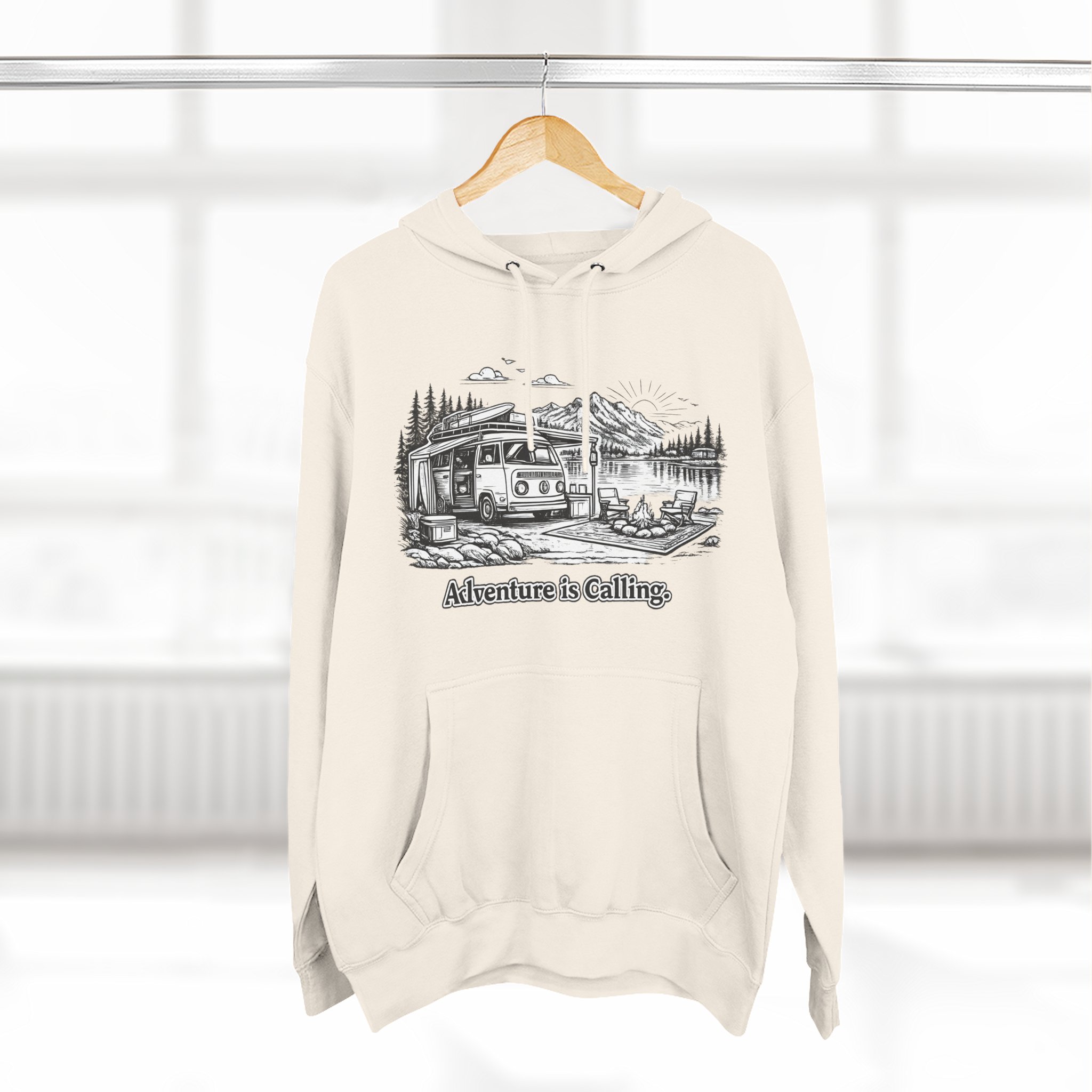 Three-Panel Fleece Hoodie - "Adventure Is Calling" Design Minimal-Line