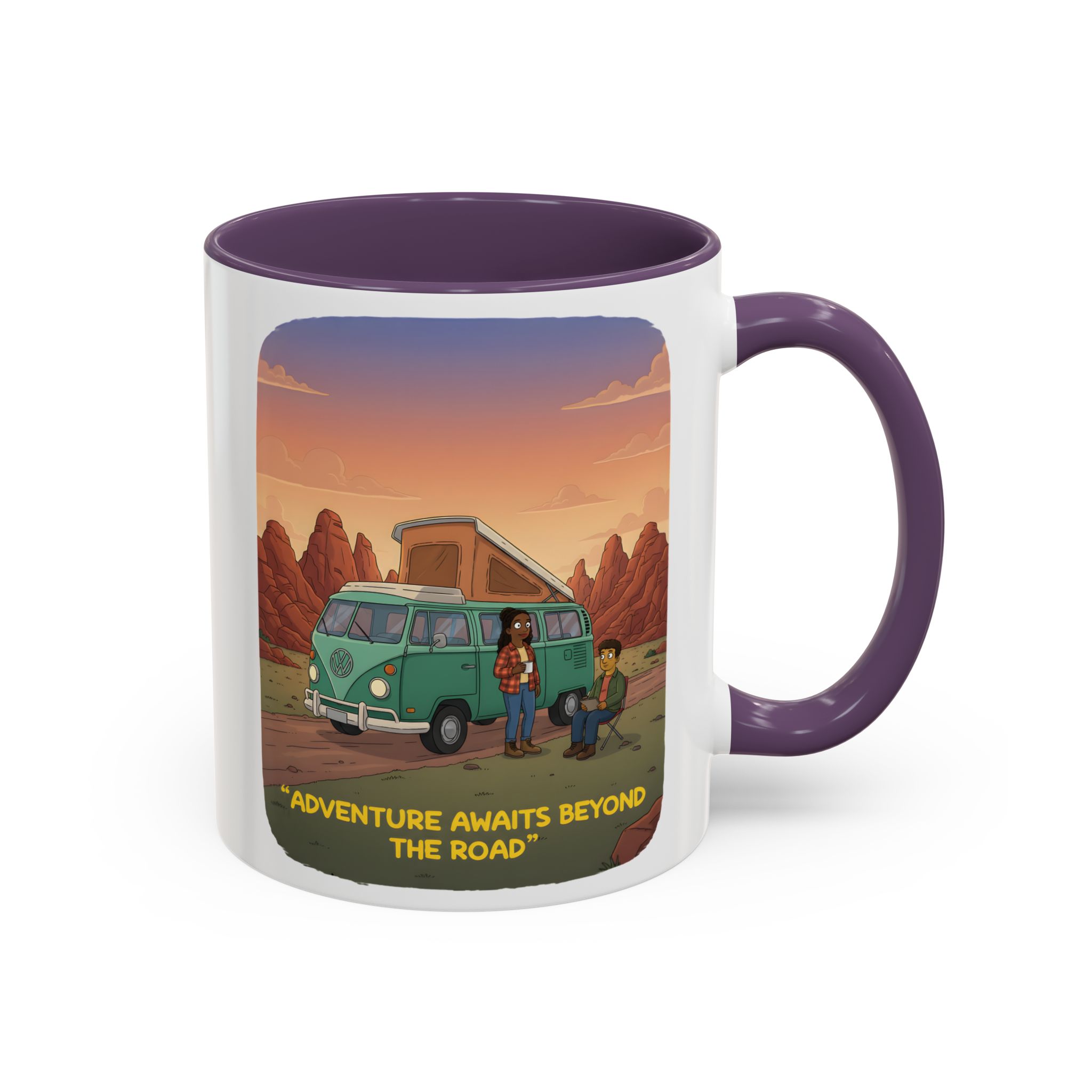 Accent Coffee Mug (11, 15oz) — "Adventure Awaits Beyond The Road" Design Sitcom-Line