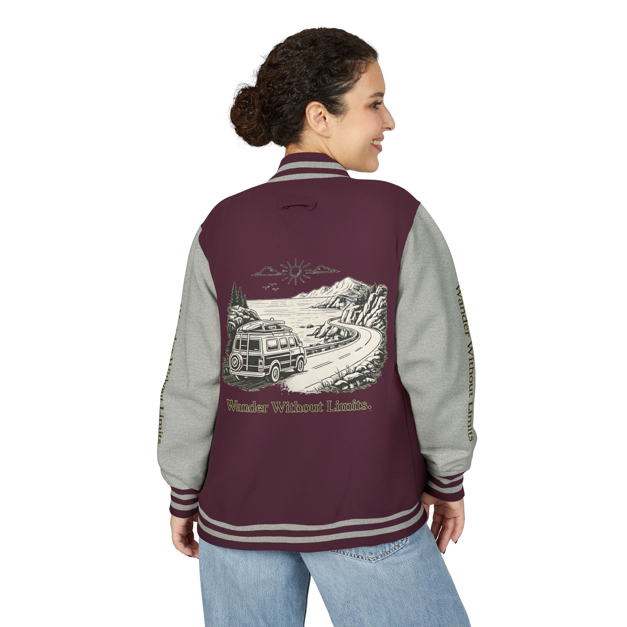 Unisex Heavyweight Letterman Jacket — "Wander Without Limits" Travel Varsity Coat