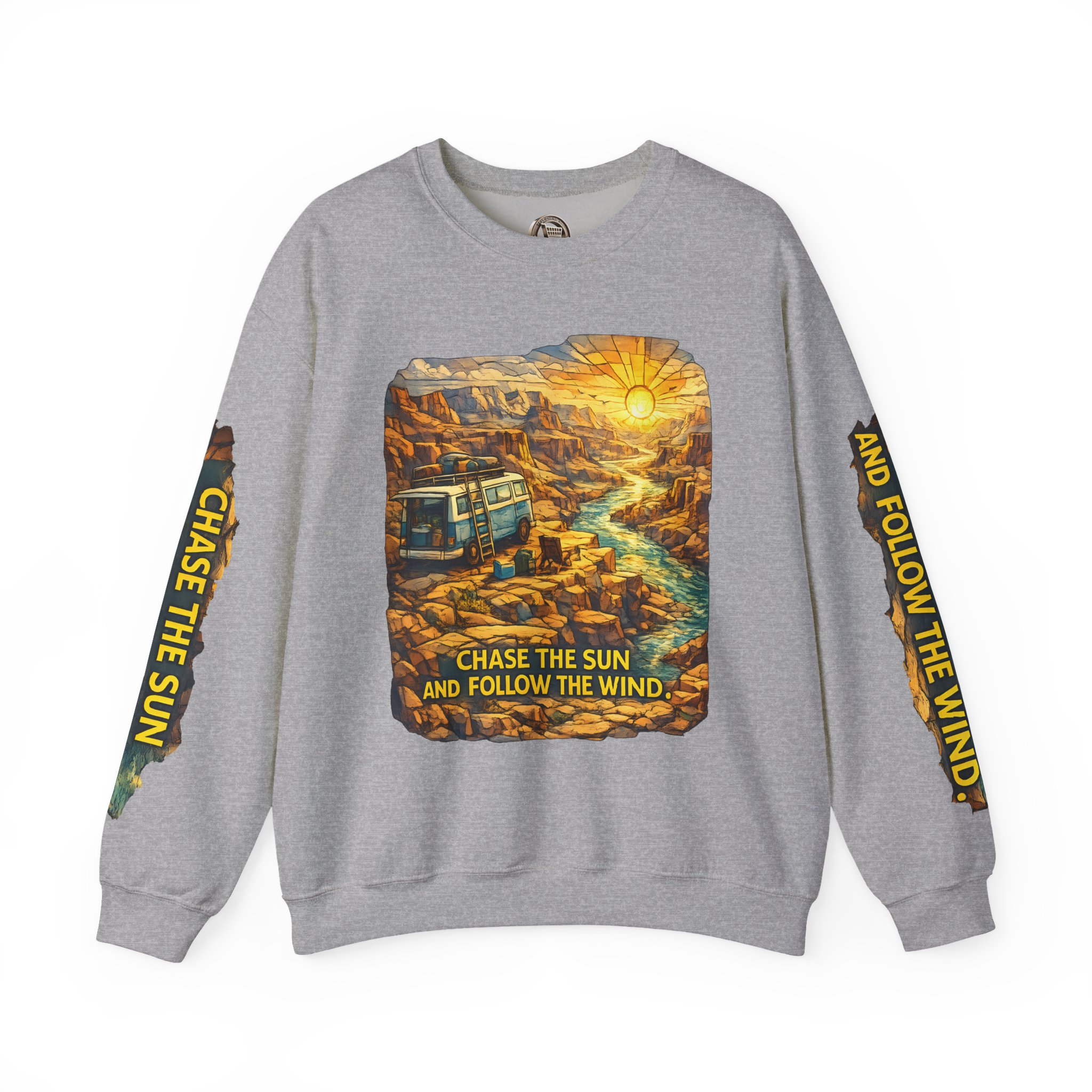 15798814154524059588_2048.jpeg Unisex Heavy Blend™ Crewneck Sweatshirt — "Chase The Sun And Follow The Wind" Design Cubic-Line