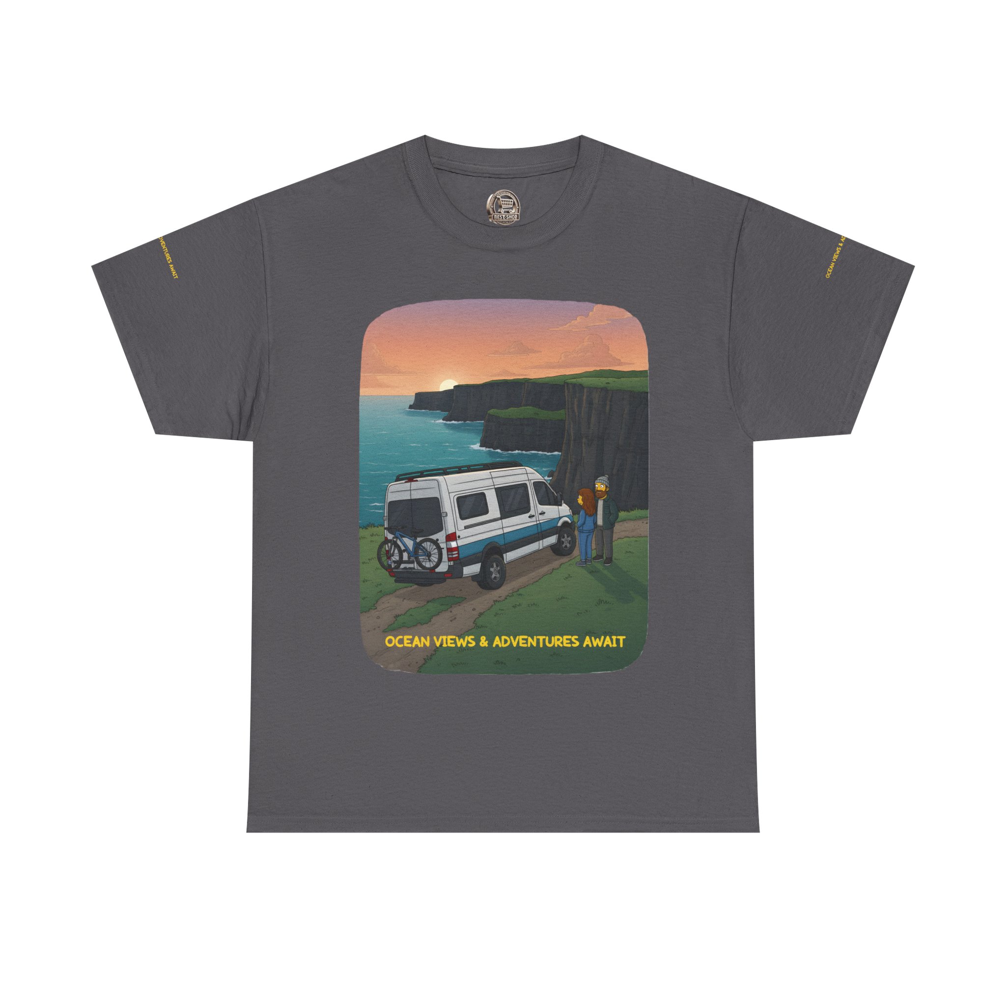Unisex Heavy Cotton Tee — "Ocean Views-Adventures Awaits" Design Sitcom-Line