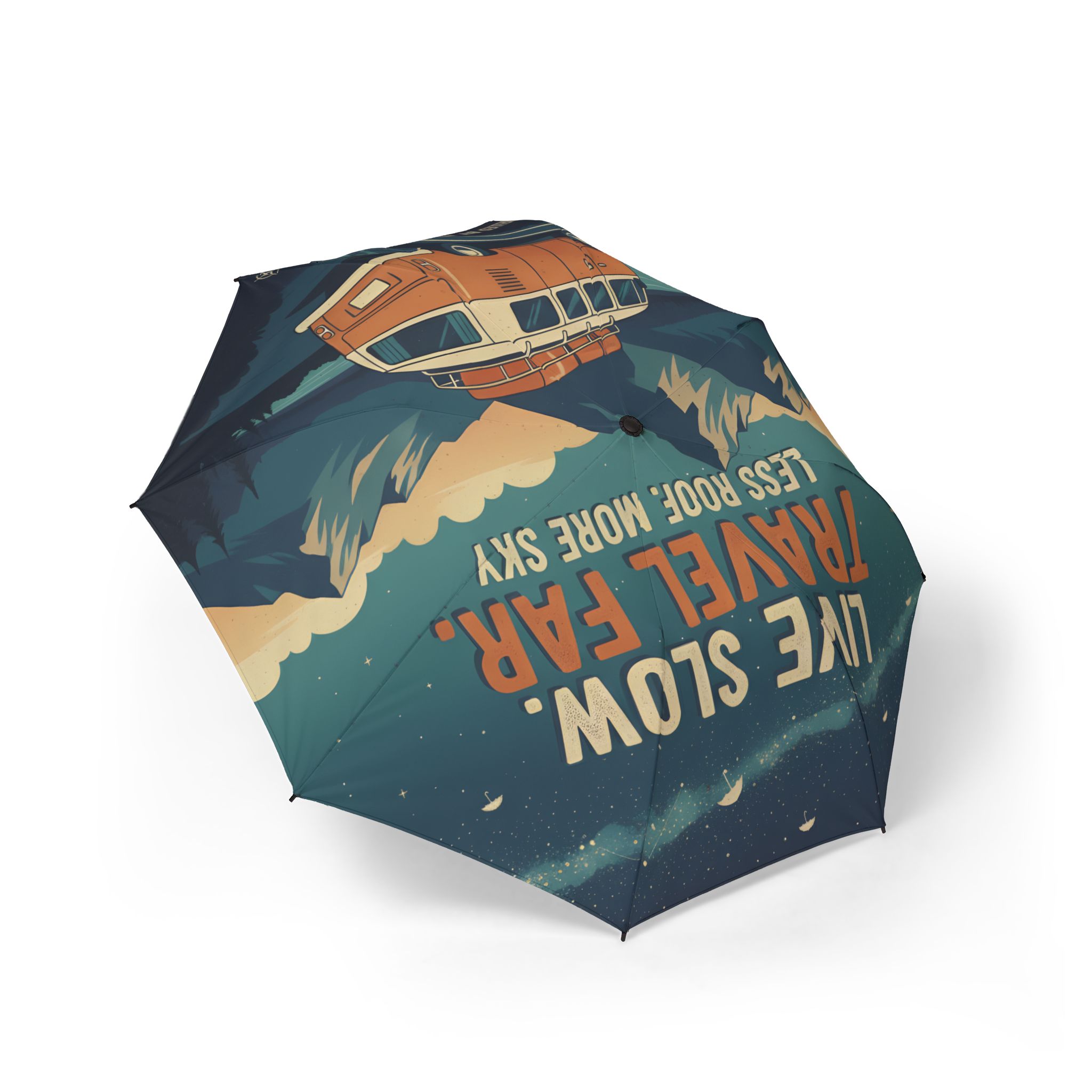 Semi-Automatic Foldable Umbrella — "Live Slow Travel Far-Less Roof More Sky" Vintage Adventure Print
