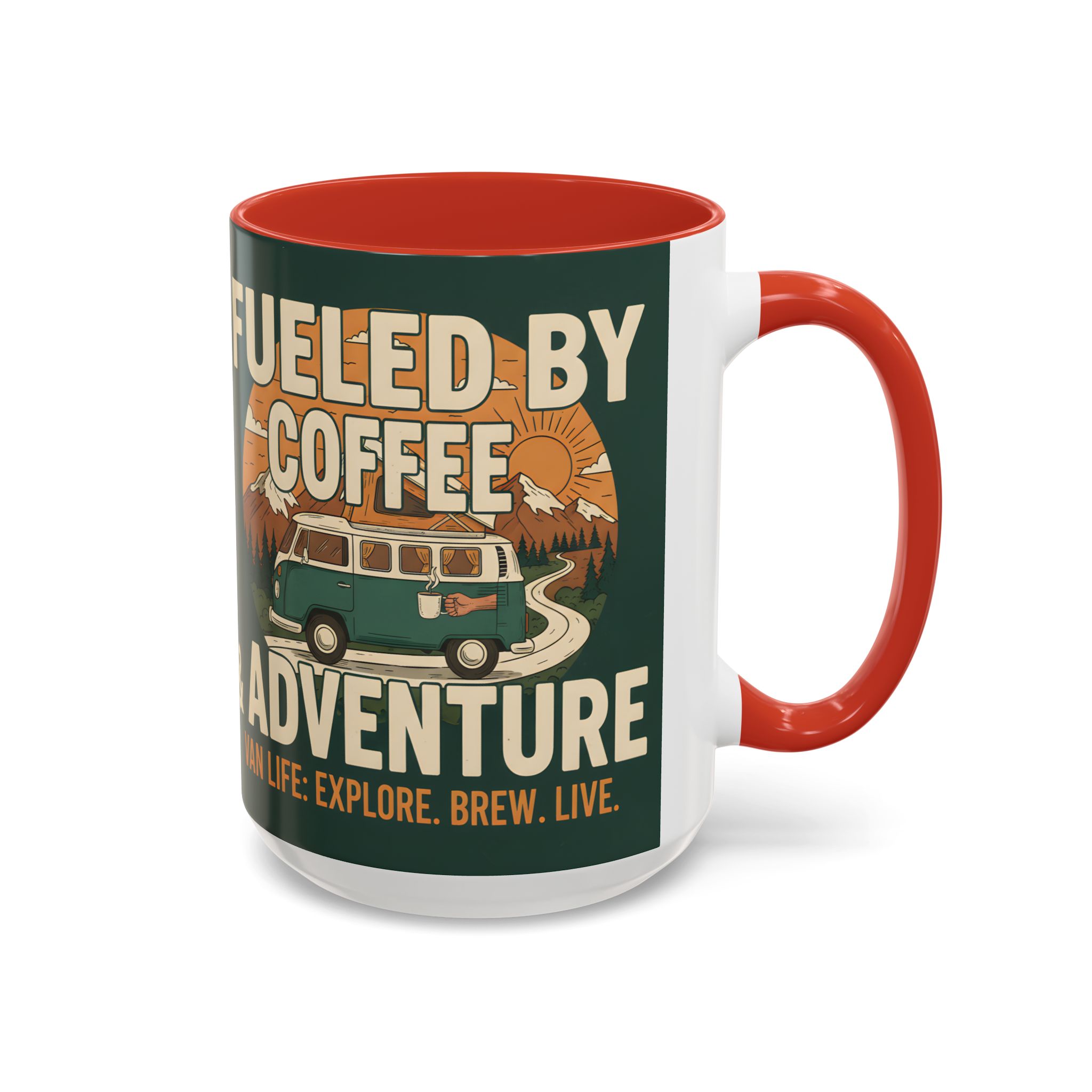 Accent Coffee Mug (11, 15oz) — "Fueled by Coffee & Adventure"