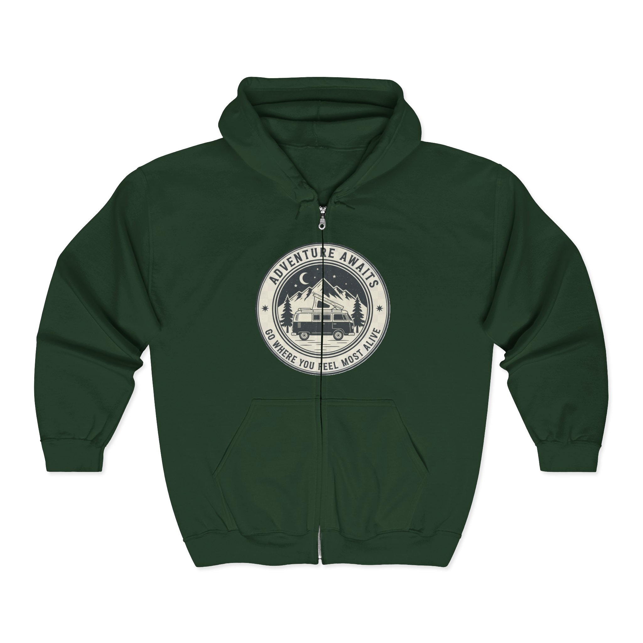Zip Hoodie — "Adventure Awaits-Go Where You Feel Most Alive" (Only Front Printed) Camper Van Adventure Zip-Up