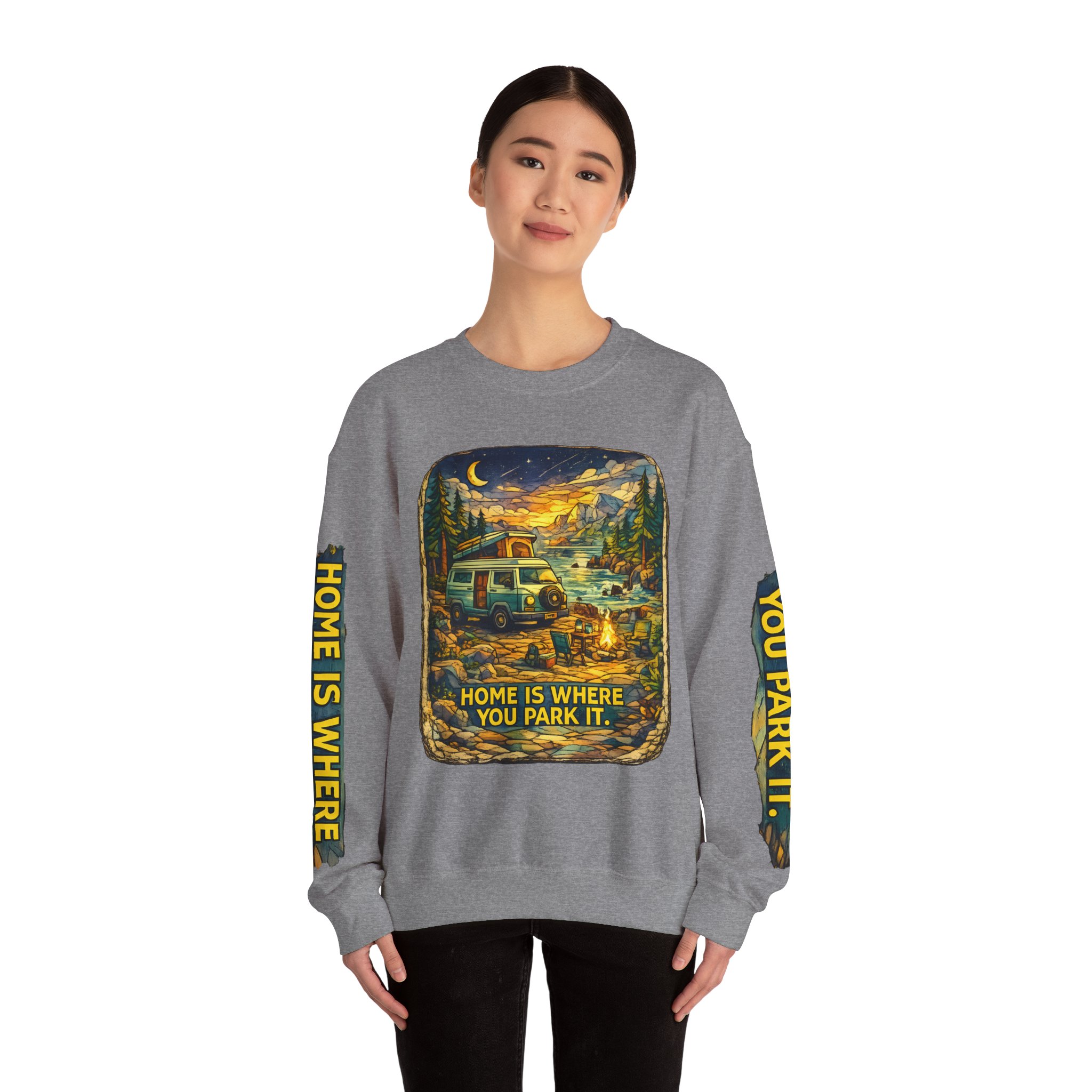 Unisex Heavy Blend™ Crewneck Sweatshirt — "Home Is Where You Park It" Design Cubic-Line
