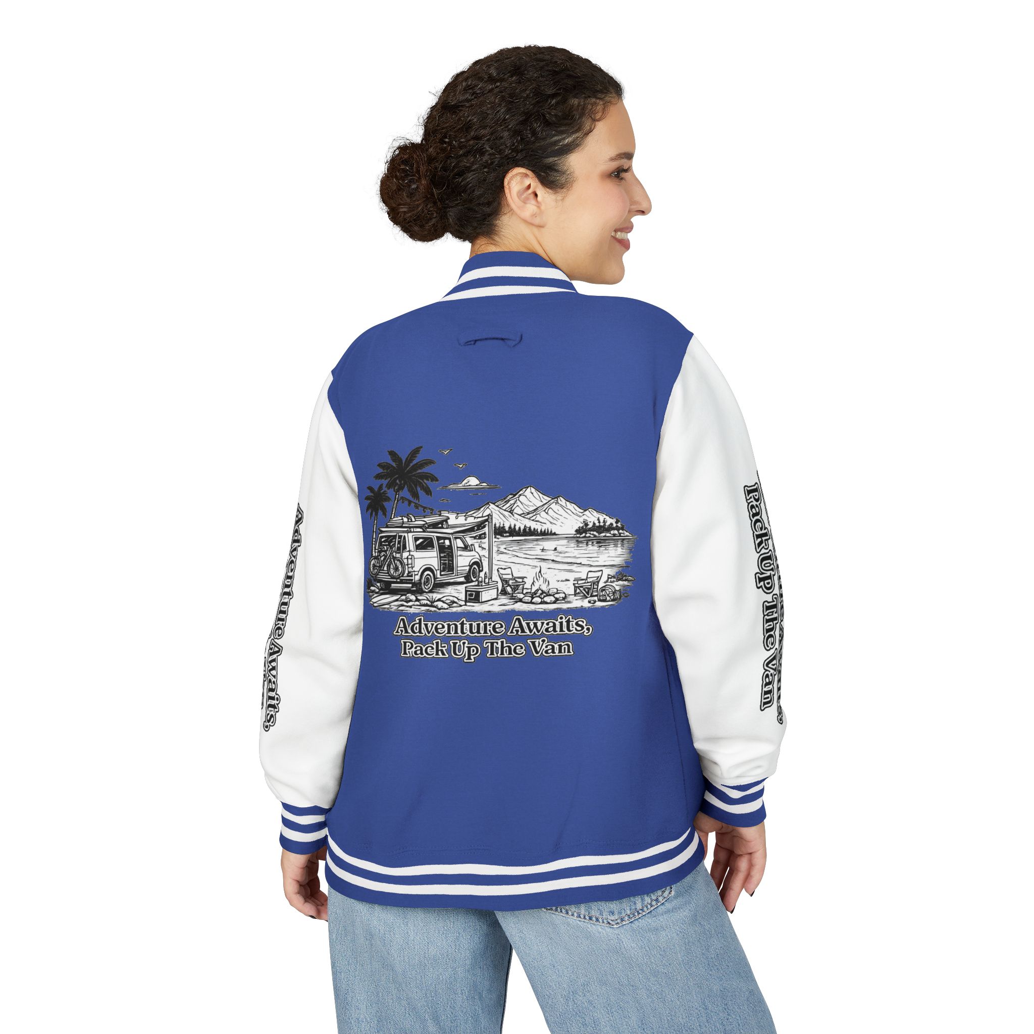Unisex Heavyweight Letterman Jacket — "Adventure Awaits,Pack Up The Van" Travel Varsity Coat