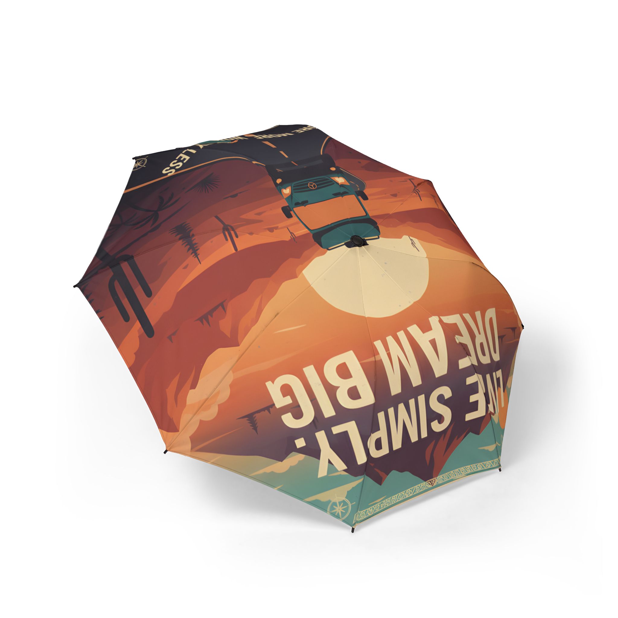 Semi-Automatic Foldable Umbrella — "Live Simple Dream Big-Explore More Worry Less" Vintage Adventure Print