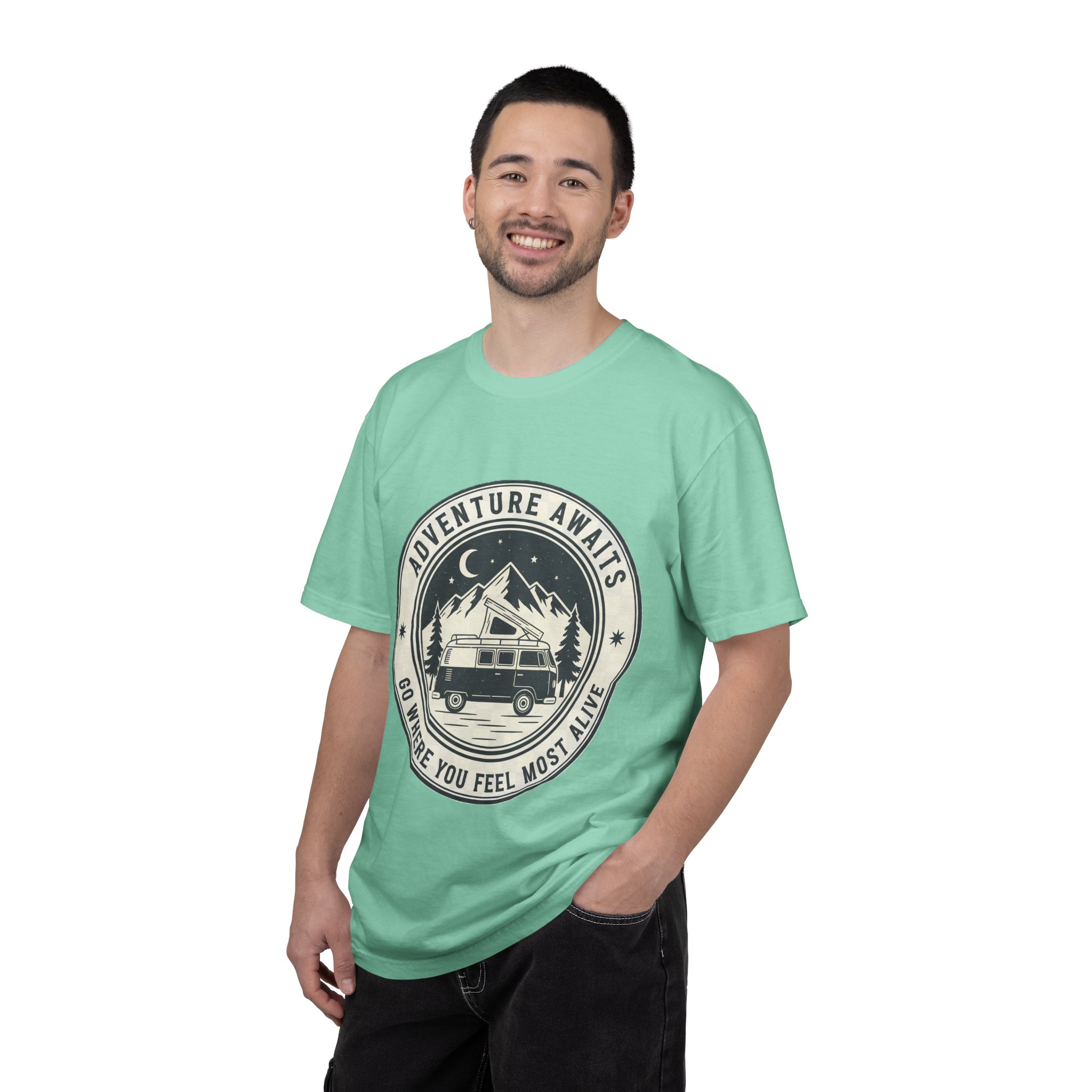 T-Shirt — "Adventure Awaits-Go Where You Feel Most Alive" (Only Front Printed) Outdoor Travel Tee
