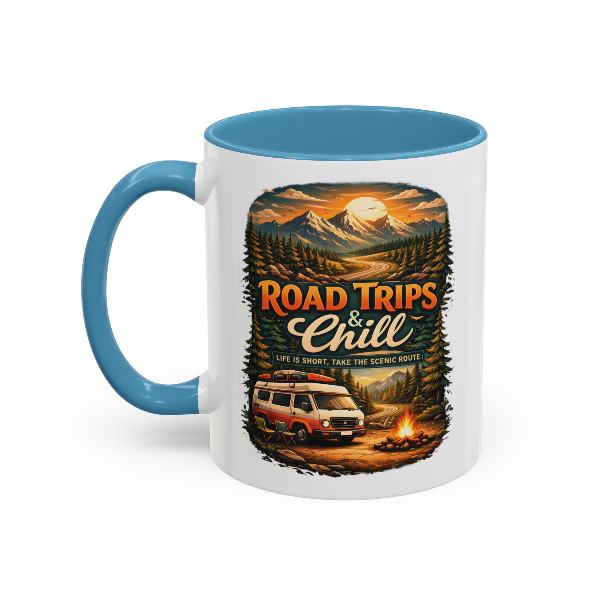 Accent Coffee Mug (11, 15oz) — "Road Trips & Chill" Design Scenic-Line