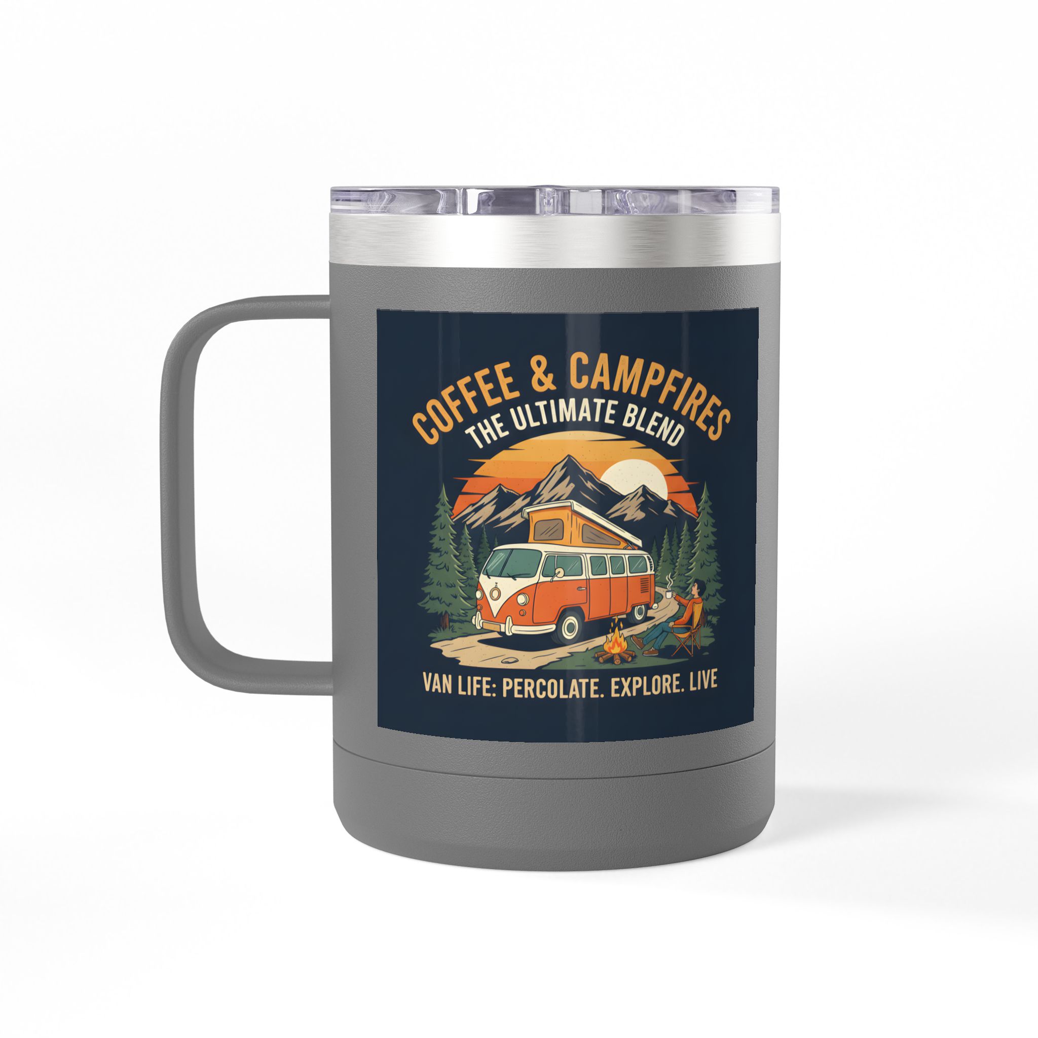 Coffee Mug Tumbler, 15oz — “Coffee & Campfires: The Ultimate Blend”