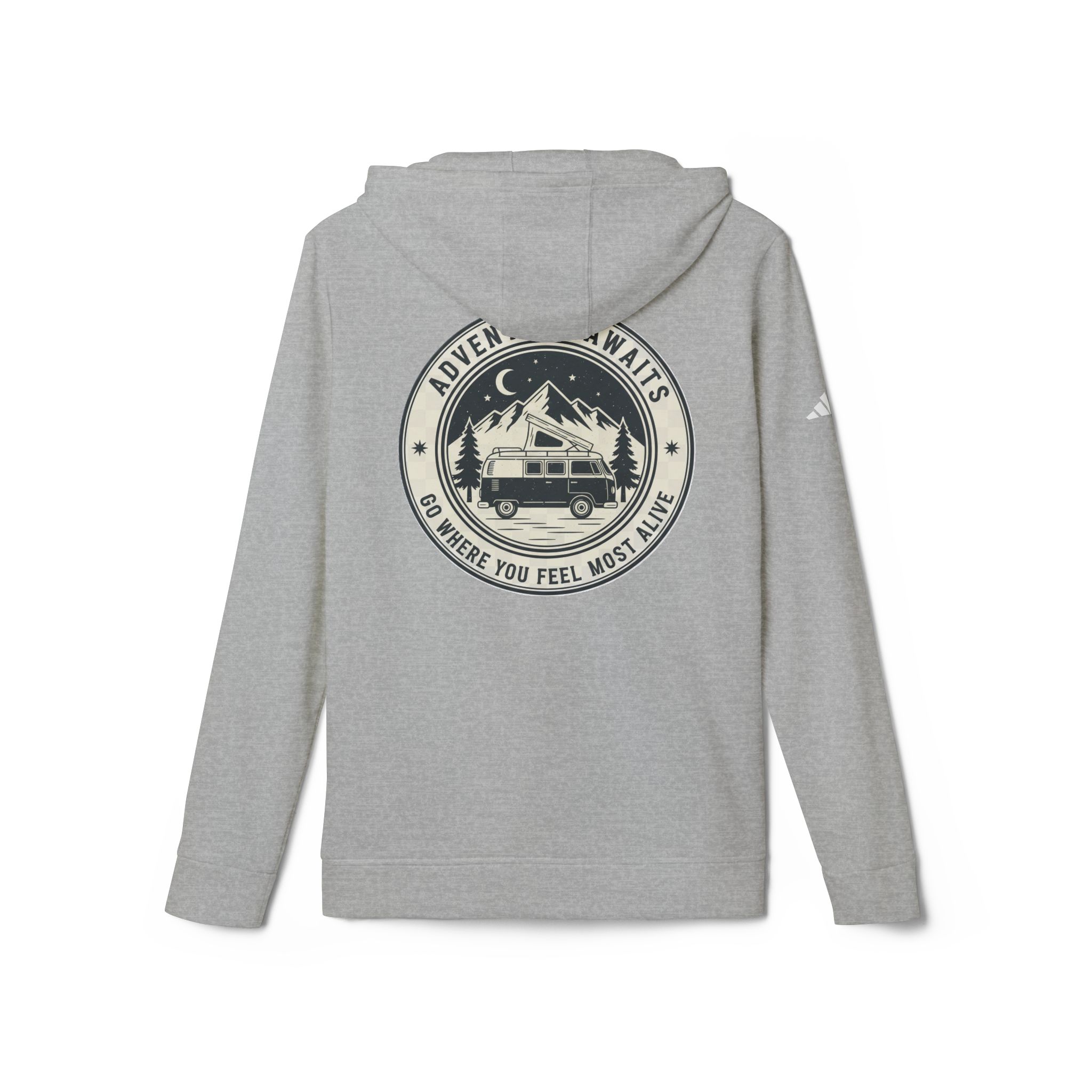 Hoodie(Adidas) — 'Adventure Awaits-Go Where You Feel Most Alive' Outdoor Travel Pullover (Only Back Printed)