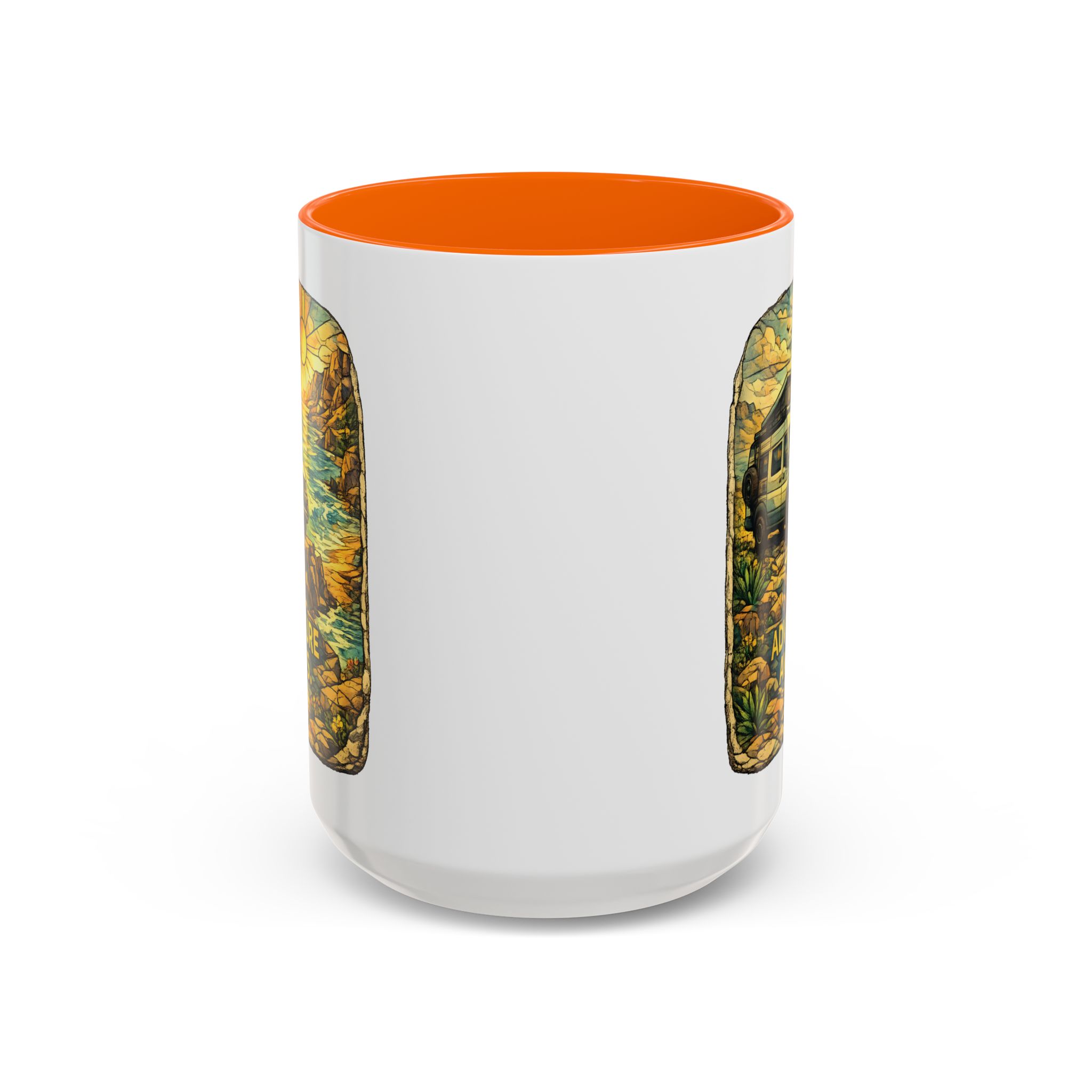 Accent Coffee Mug (11, 15oz) — "Adventure Awaits" Design Cubic-Line