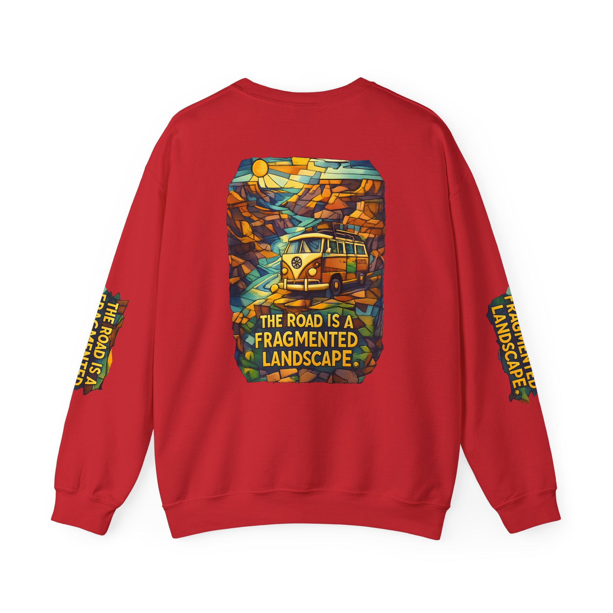 Unisex Heavy Blend™ Crewneck Sweatshirt — "The Road Is A Fragmented Landscape" Design Cubic-Line