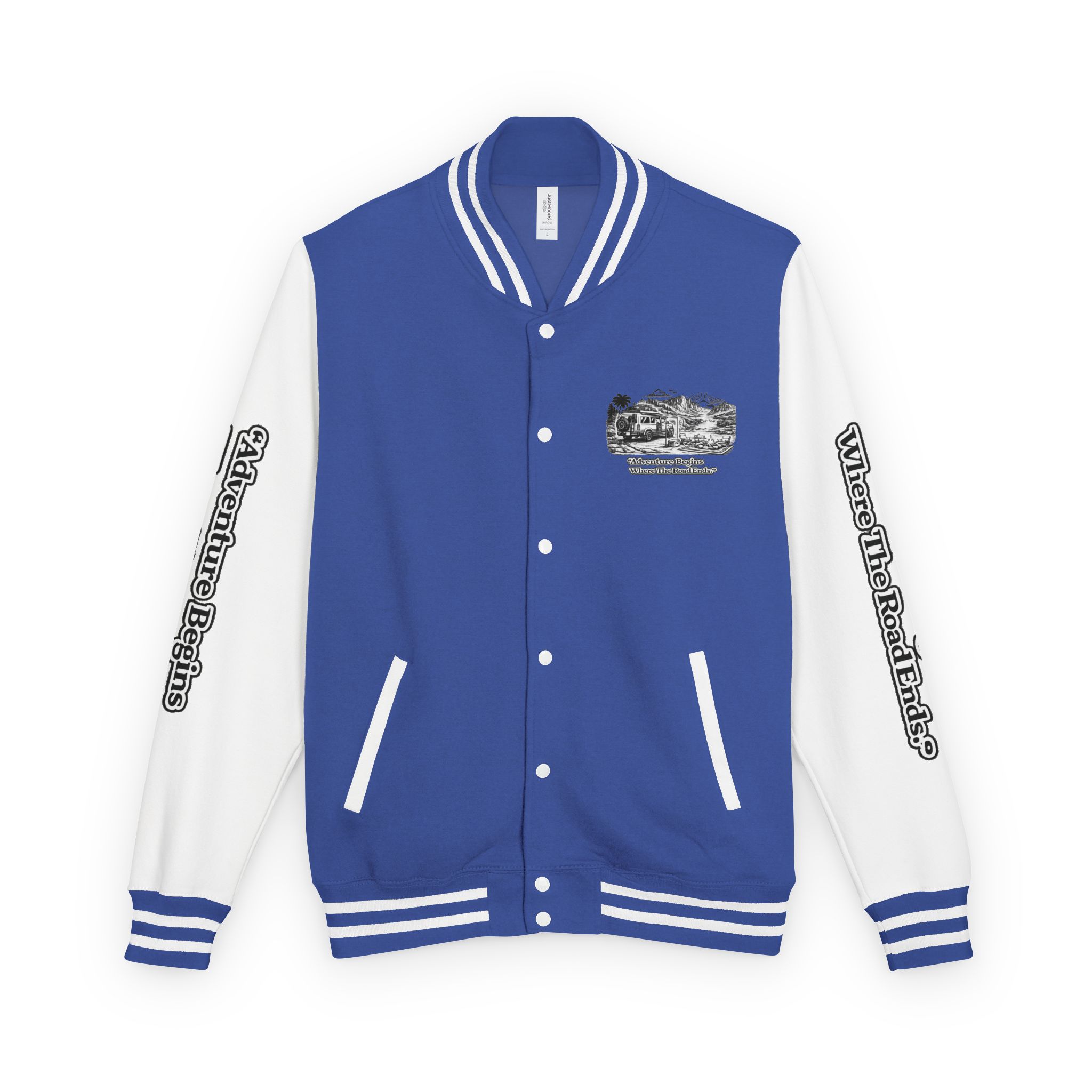 15860794025785248620_2048-1.jpeg Unisex Heavyweight Letterman Jacket — "Adventure Begins Where The Road Ends" Travel Varsity Coat