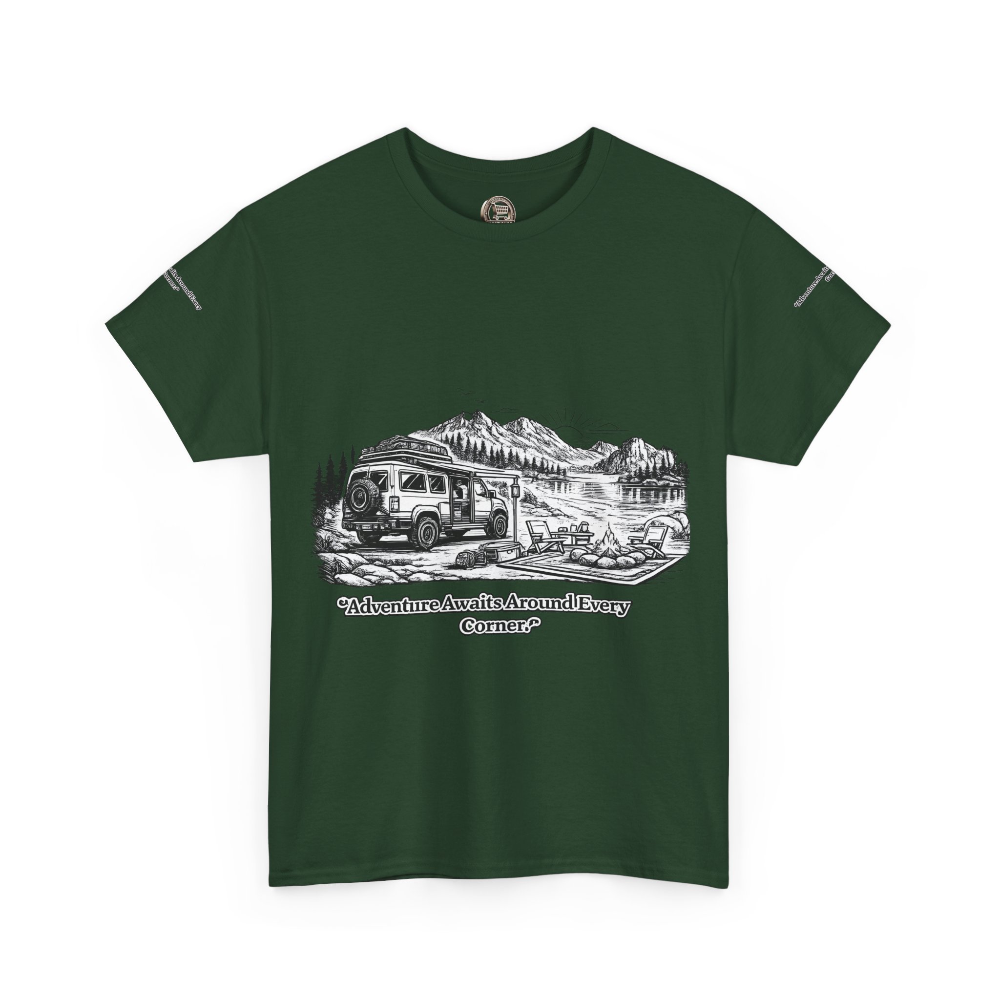 Unisex Heavy Cotton Tee — "Adventure Awaits Around Every Corner" Design Minimal-Line