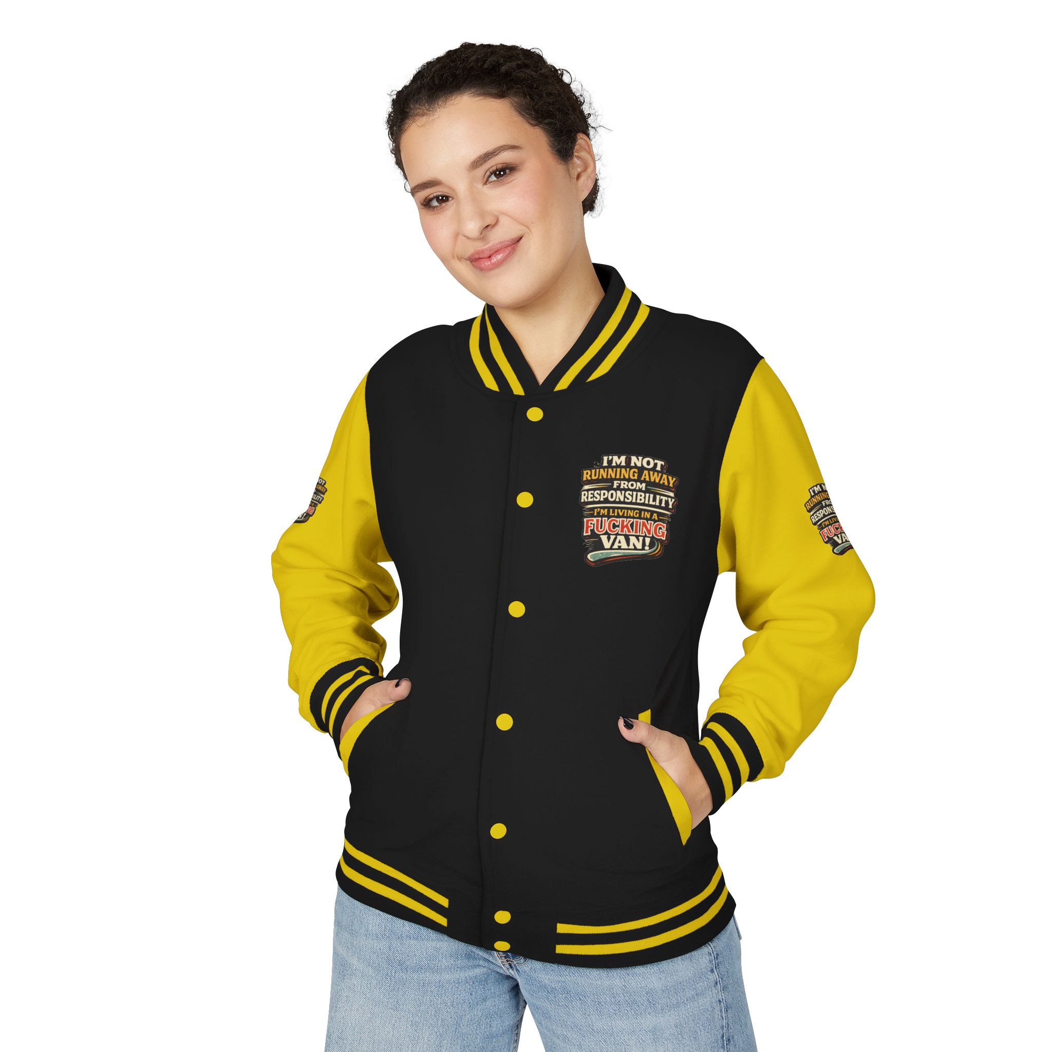 Unisex Heavyweight Letterman Jacket — "I`m Not running Away" Design F**K-Line