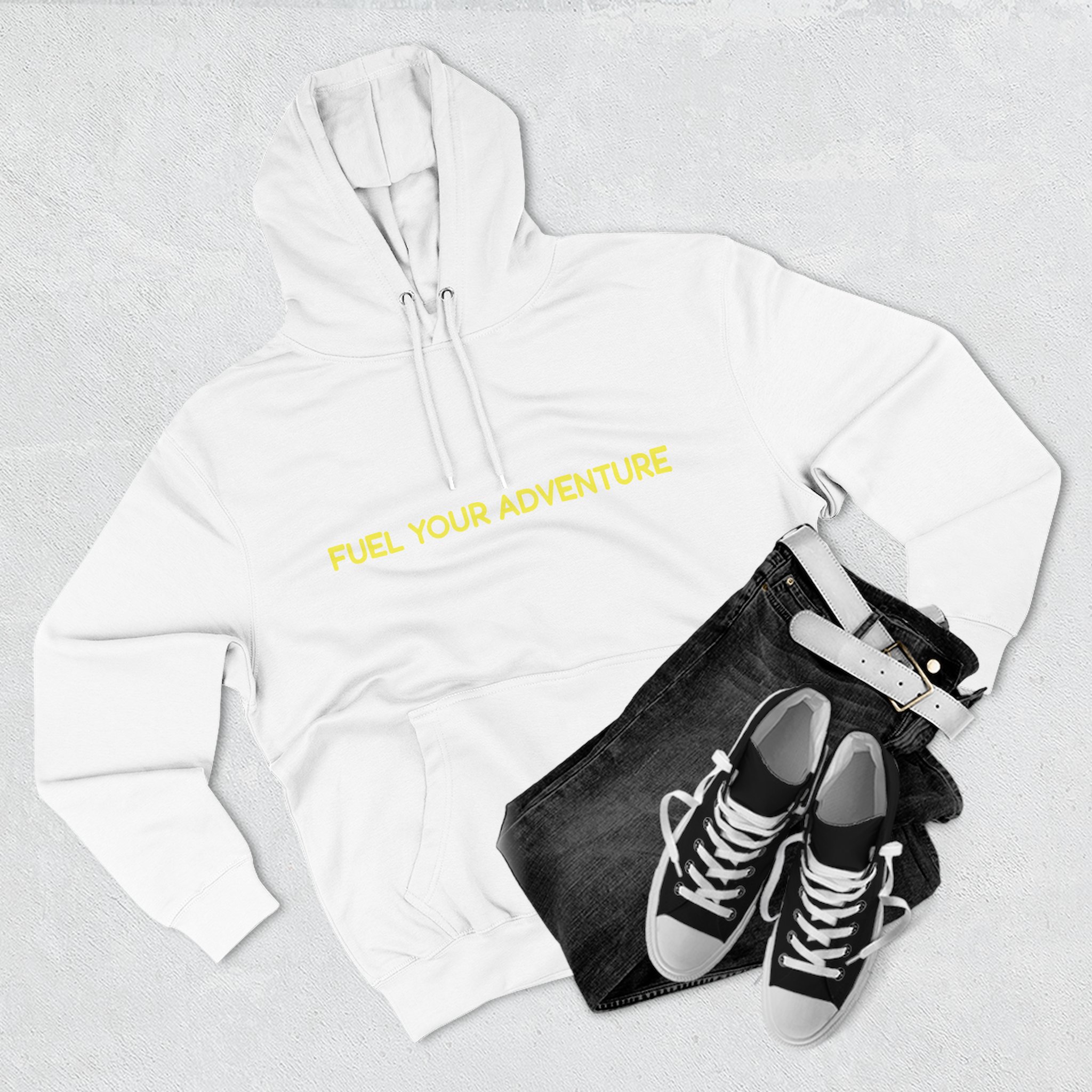 Three-Panel Fleece Hoodie - "Fuel Your Adventure" Design Sitcom-Line