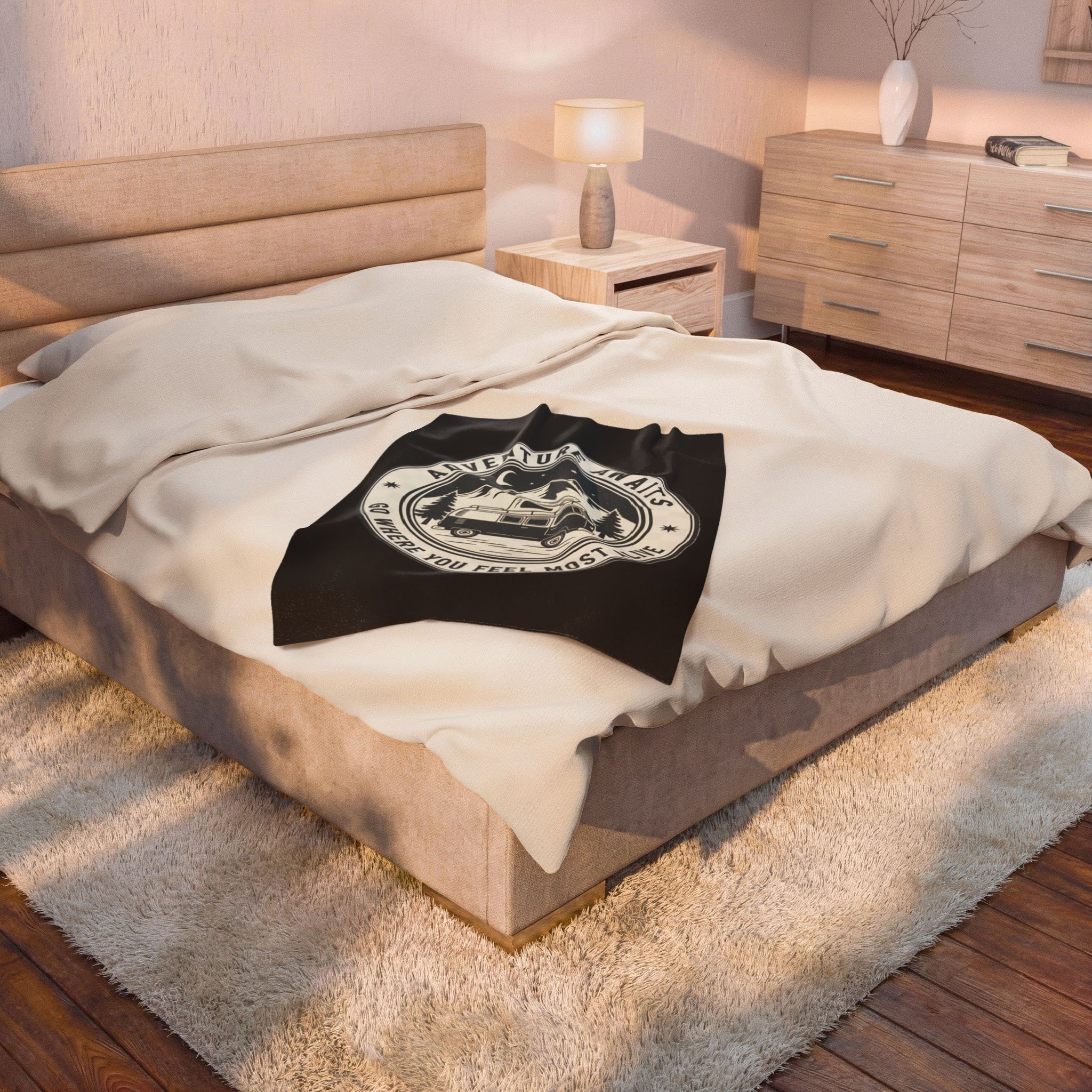 Velveteen Blanket —"Adventure Awaits-Go Where You Feel Most Alive" Camper Throw