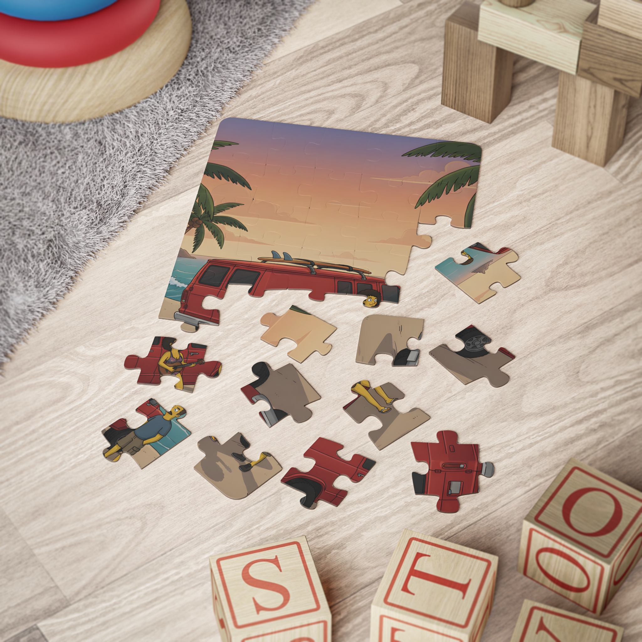 Kids' 30‑Piece Camping Puzzle — Surfing Family Sunset Jigsaw