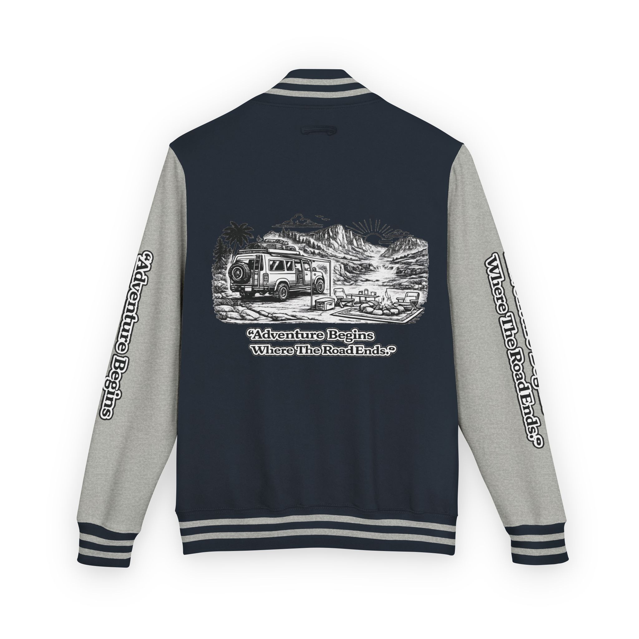 15887659601464177443_2048-1.jpeg Unisex Heavyweight Letterman Jacket — "Adventure Begins Where The Road Ends" Travel Varsity Coat