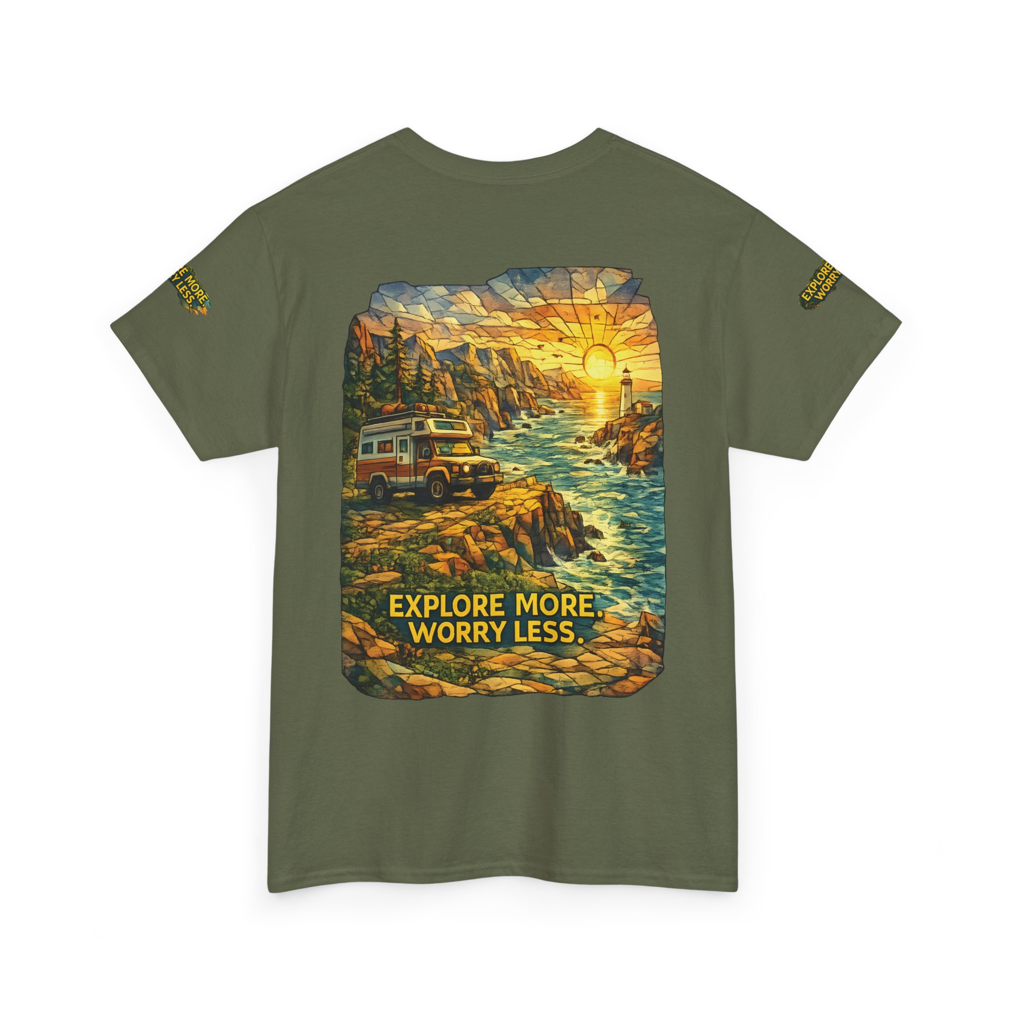 Unisex Heavy Cotton Tee — "Explore More Worry Less" Design Cubic-Line
