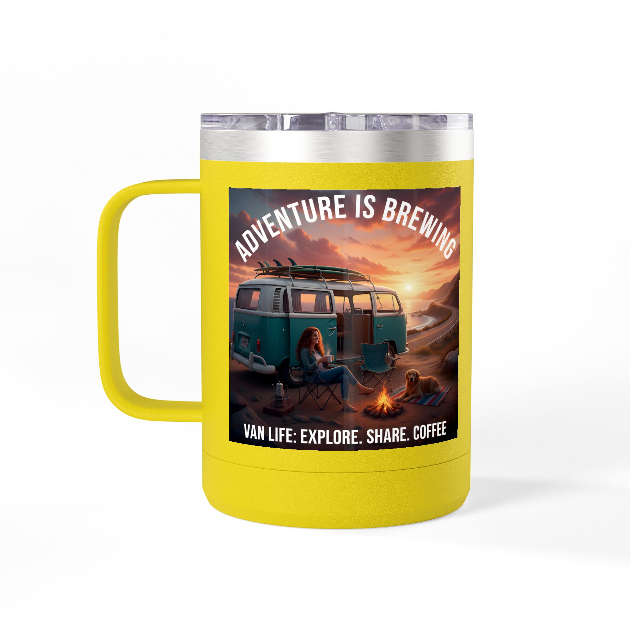 Coffee Mug Tumbler, 15oz-- "Adventure Is Brewing"