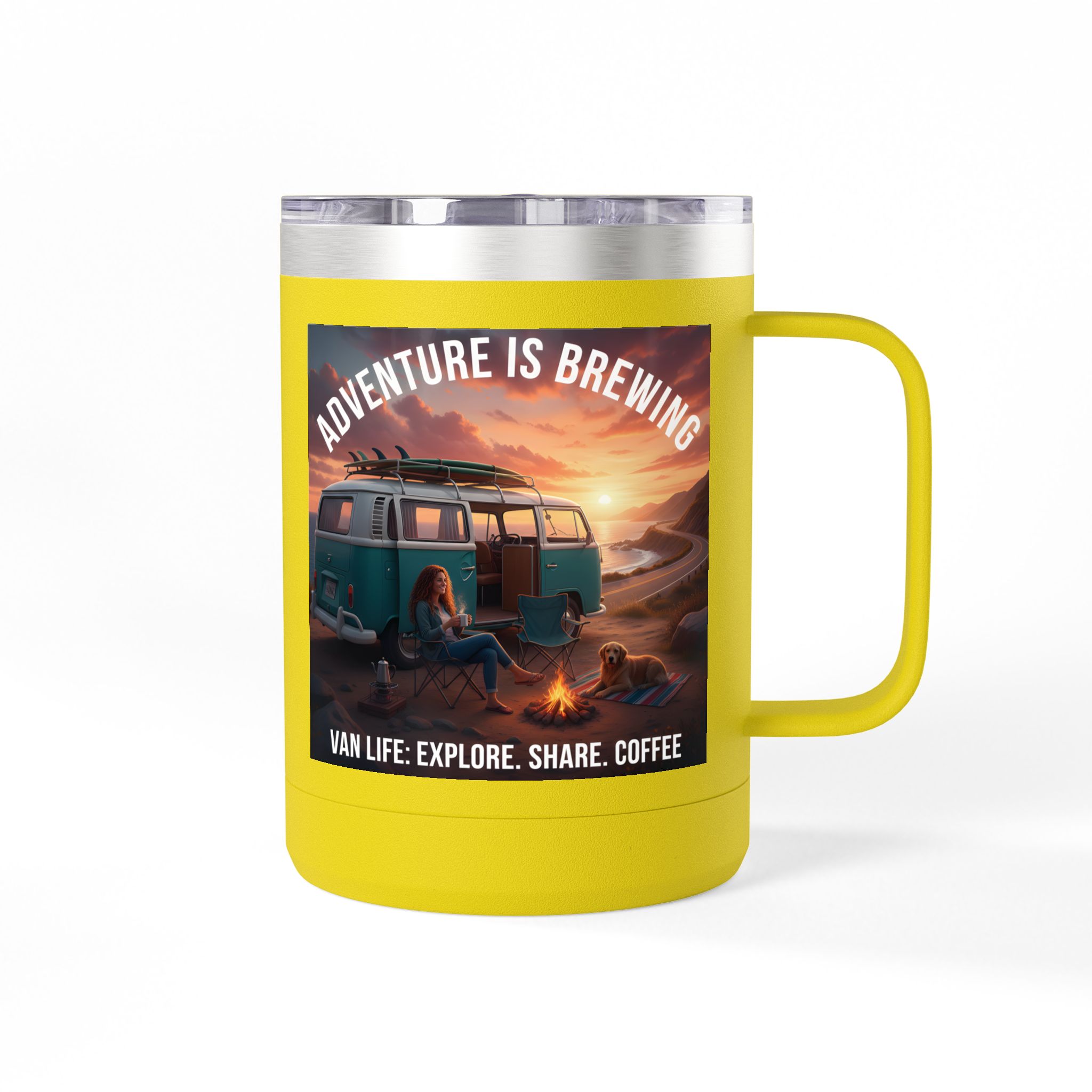 Coffee Mug Tumbler, 15oz-- "Adventure Is Brewing"