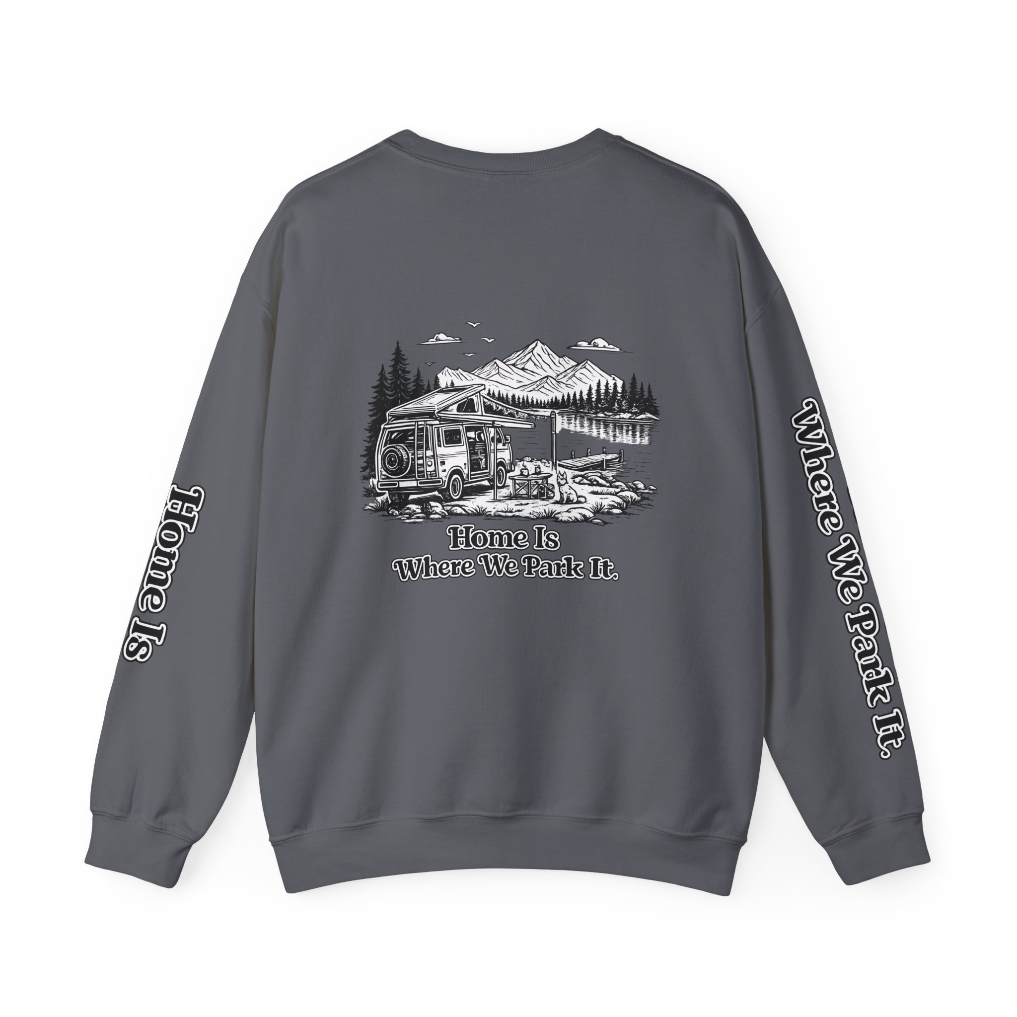 Unisex Heavy Blend™ Crewneck Sweatshirt — "Home Is Where You Park It" Design Minimal-Line