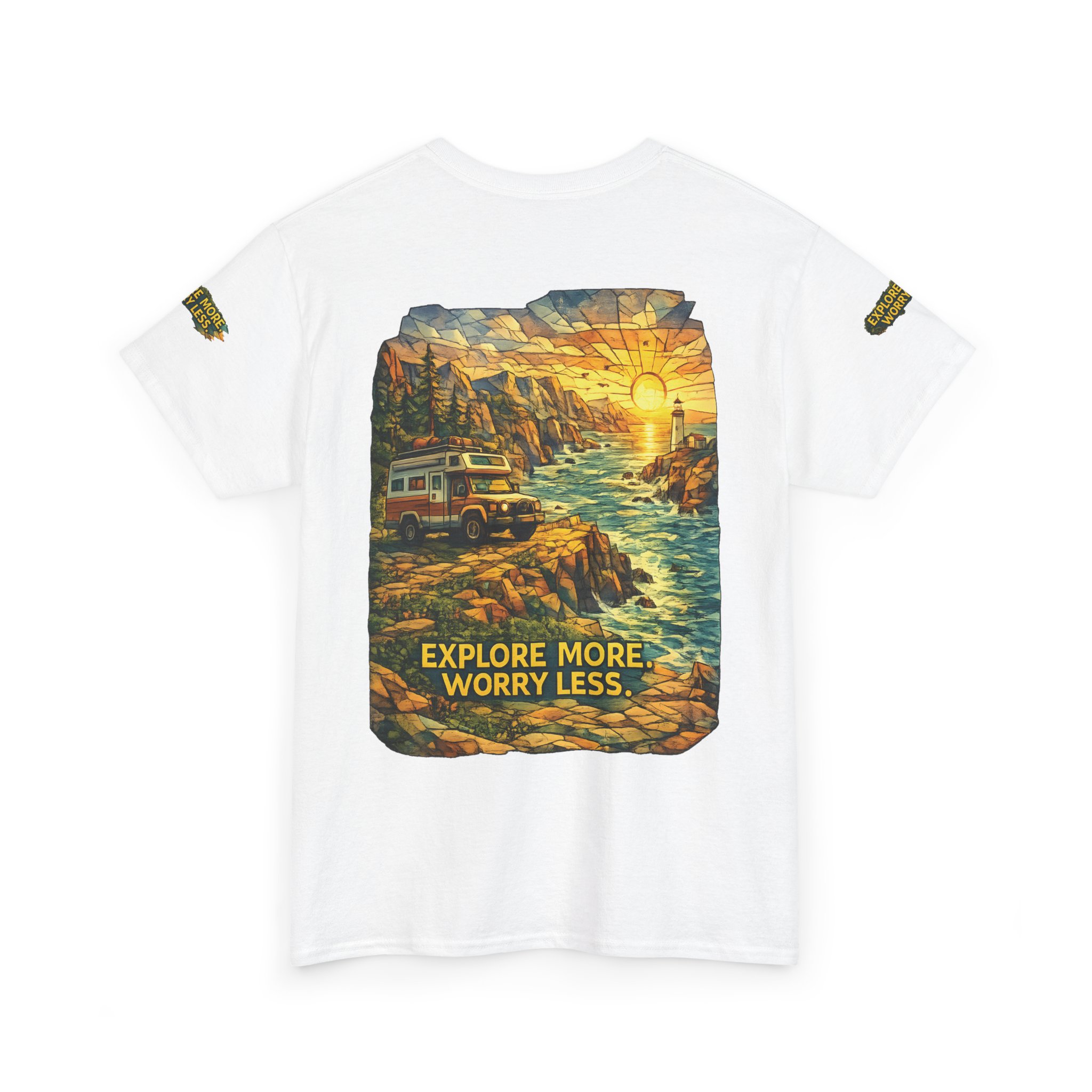 Unisex Heavy Cotton Tee — "Explore More Worry Less" Design Cubic-Line