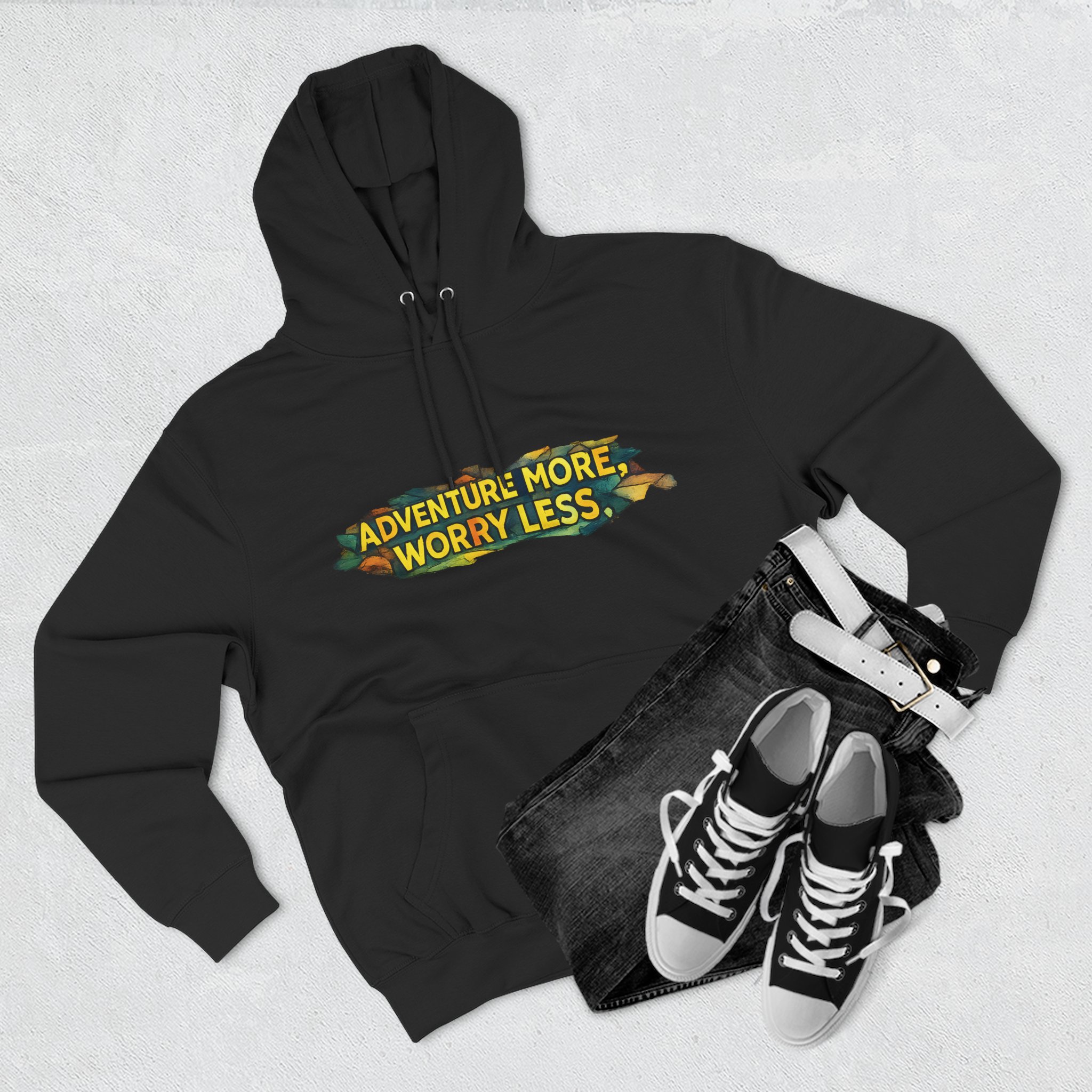 Three-Panel Fleece Hoodie - "Adventure More Worry Less" Design Cubic-Line