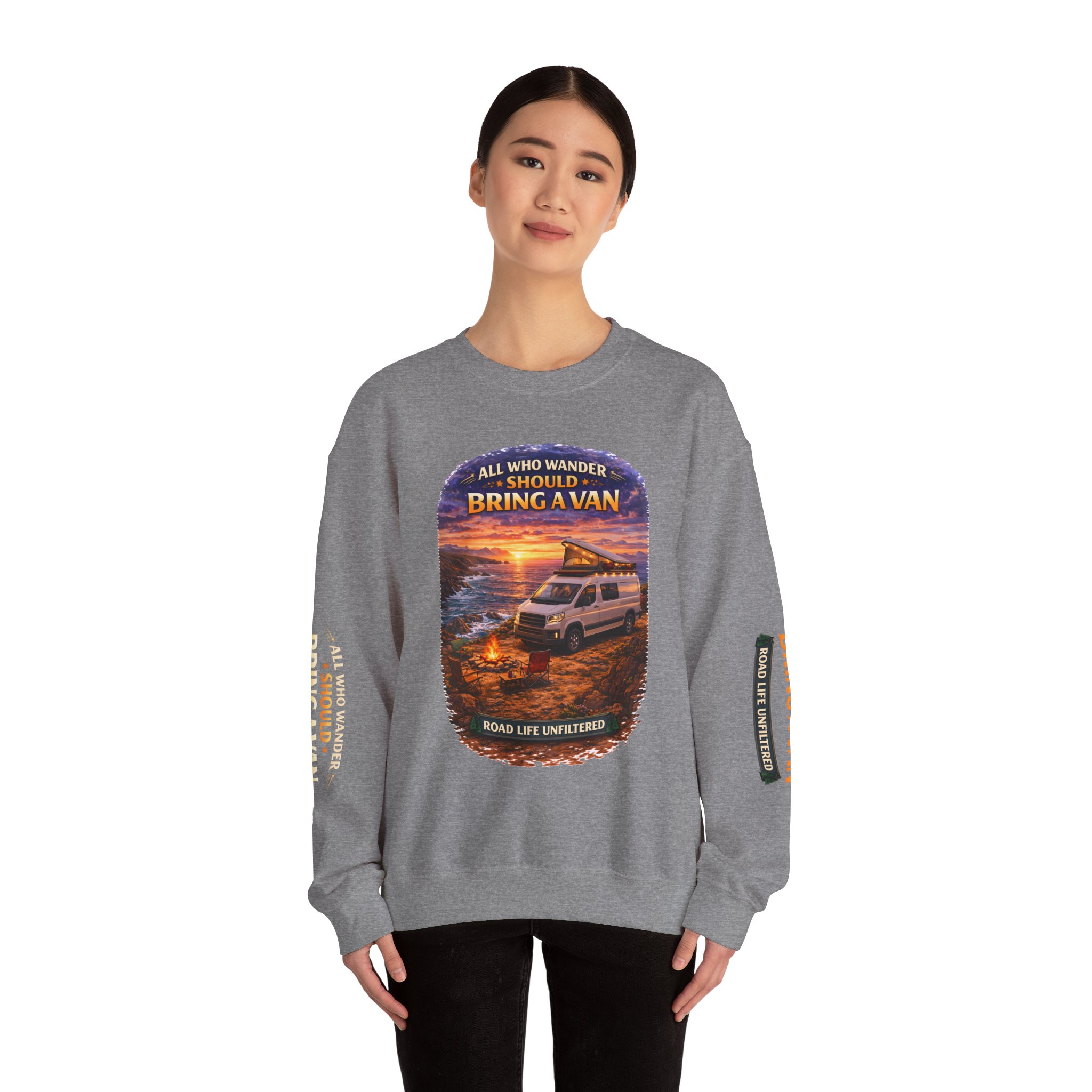 Unisex Heavy Blend™ Crewneck Sweatshirt — "All Who wander Should Bring A Van" Design Scenic-Line