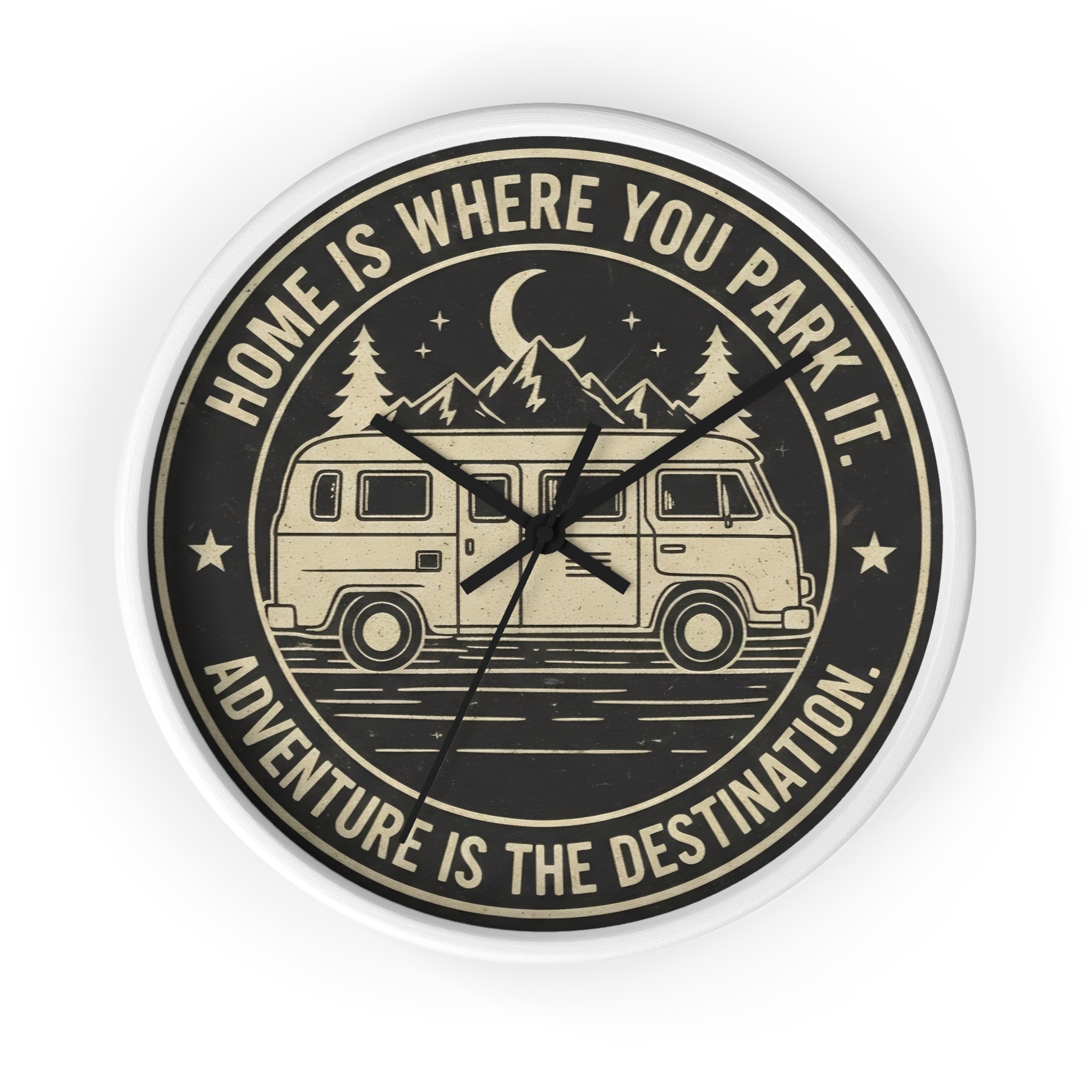 Wall Clock — "Home Is Where You Park It-Adventure is the destination" Camper Van Mountain Travel Timepiece