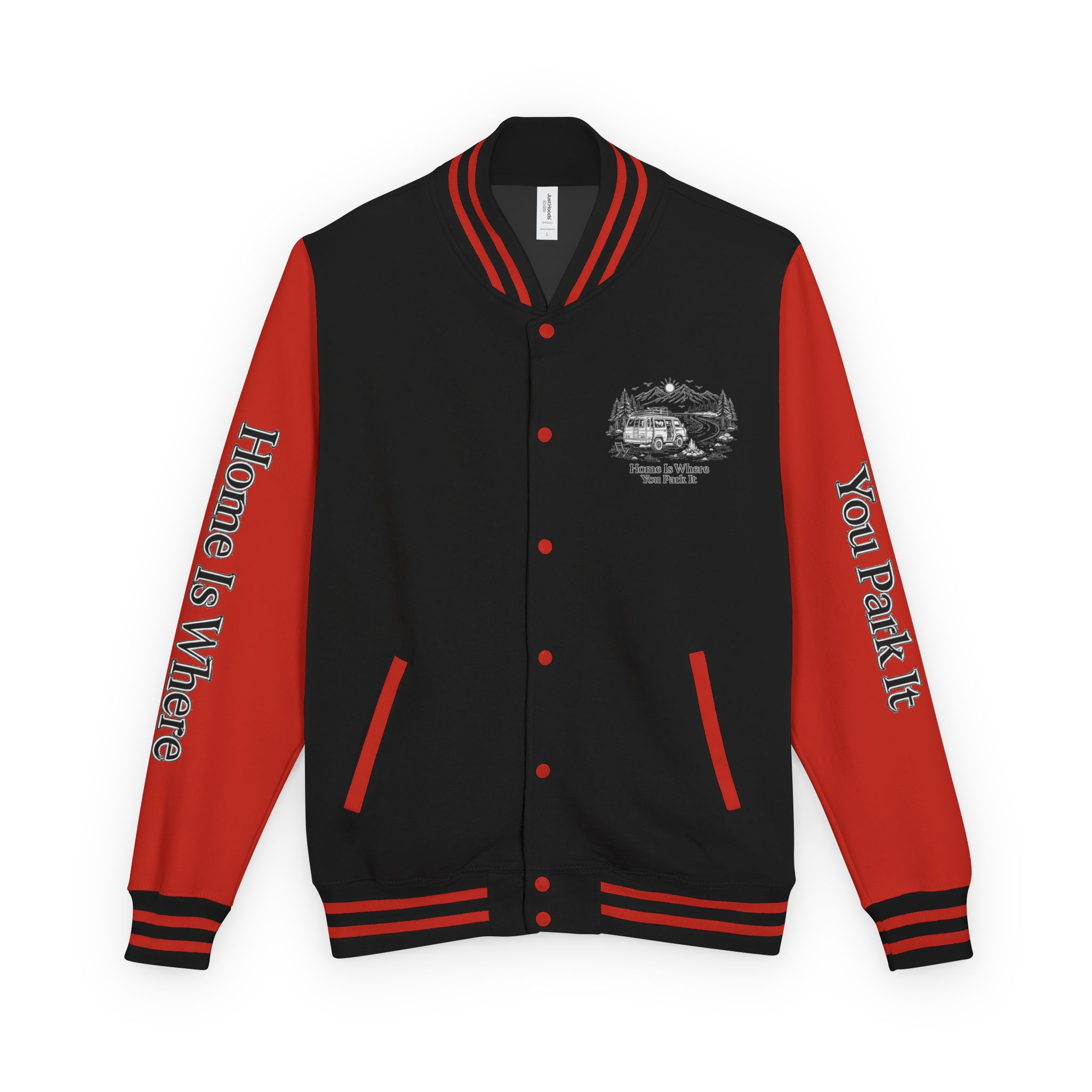 Unisex Heavyweight Letterman Jacket — "Home Is Where You Park It" Travel Varsity Coat