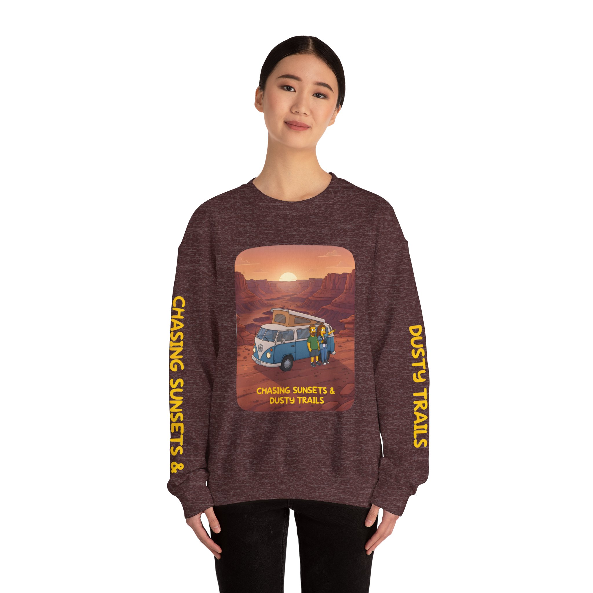 Unisex Heavy Blend™ Crewneck Sweatshirt — "Chasing Sunsets And Dusty Trails" Design Sitcom-Line
