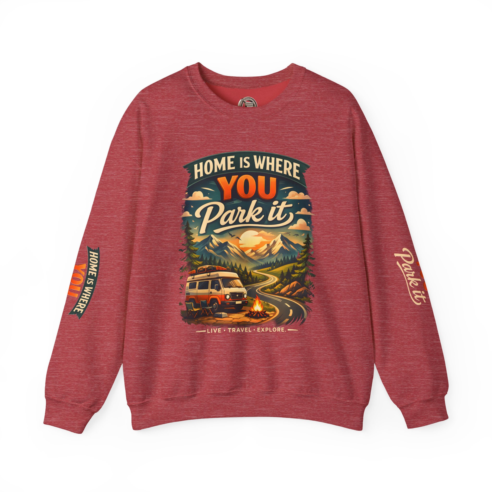 Unisex Heavy Blend™ Crewneck Sweatshirt — "Home Is Where You Park It" Design Scenic-Line