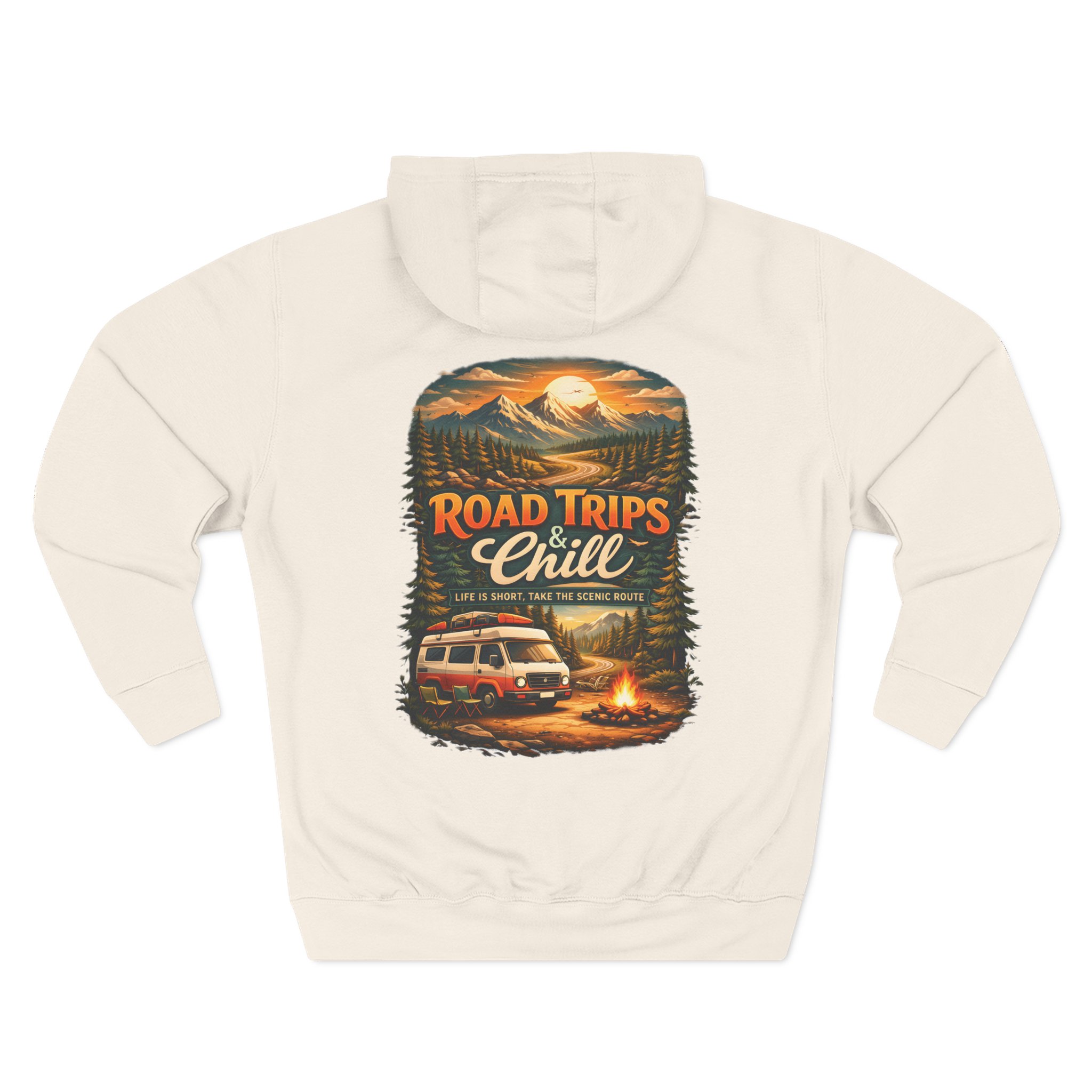 Three-Panel Fleece Hoodie - "Road Trips & Chill" Design Scenic-Line