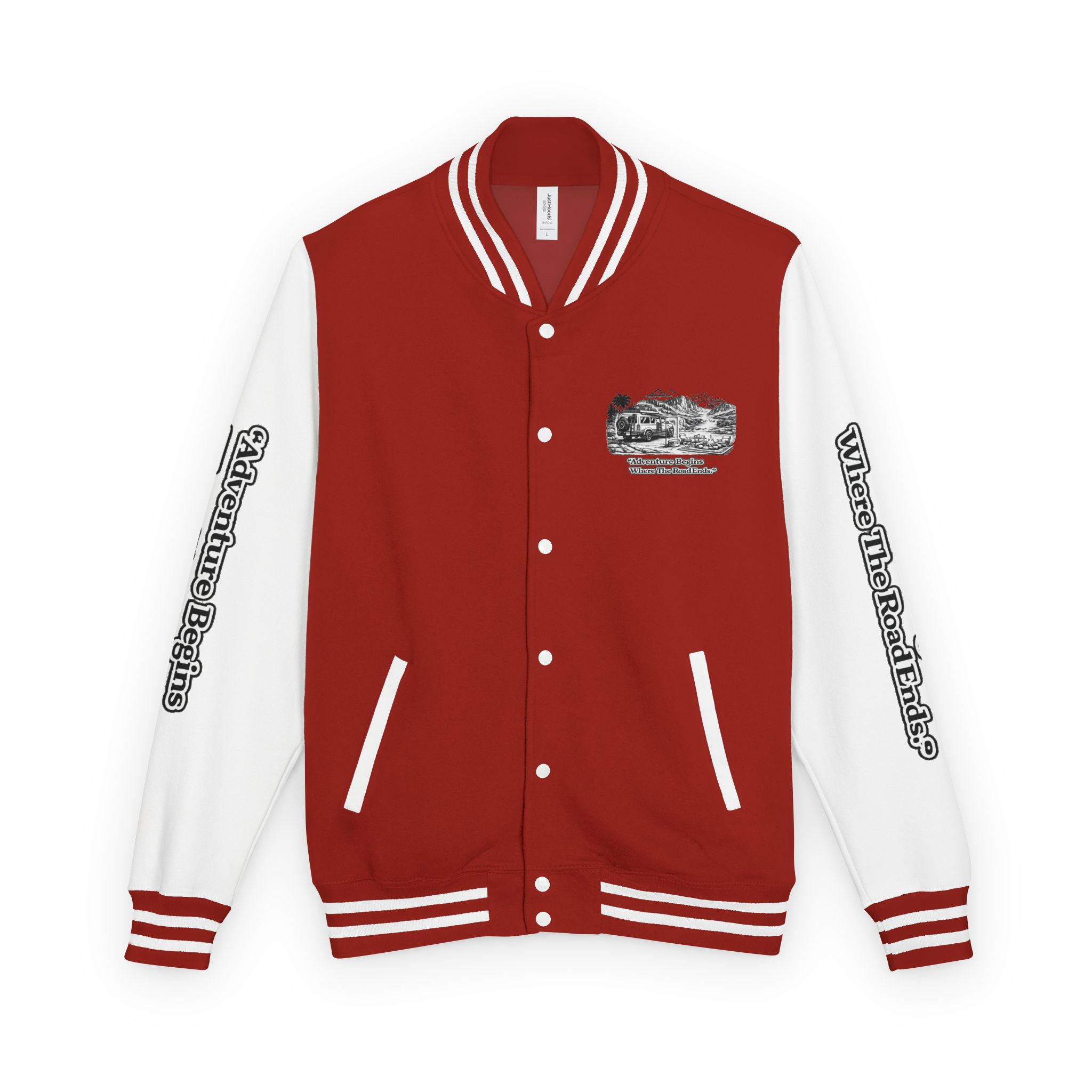 Unisex Heavyweight Letterman Jacket — "Adventure Begins Where The Road Ends" Travel Varsity Coat