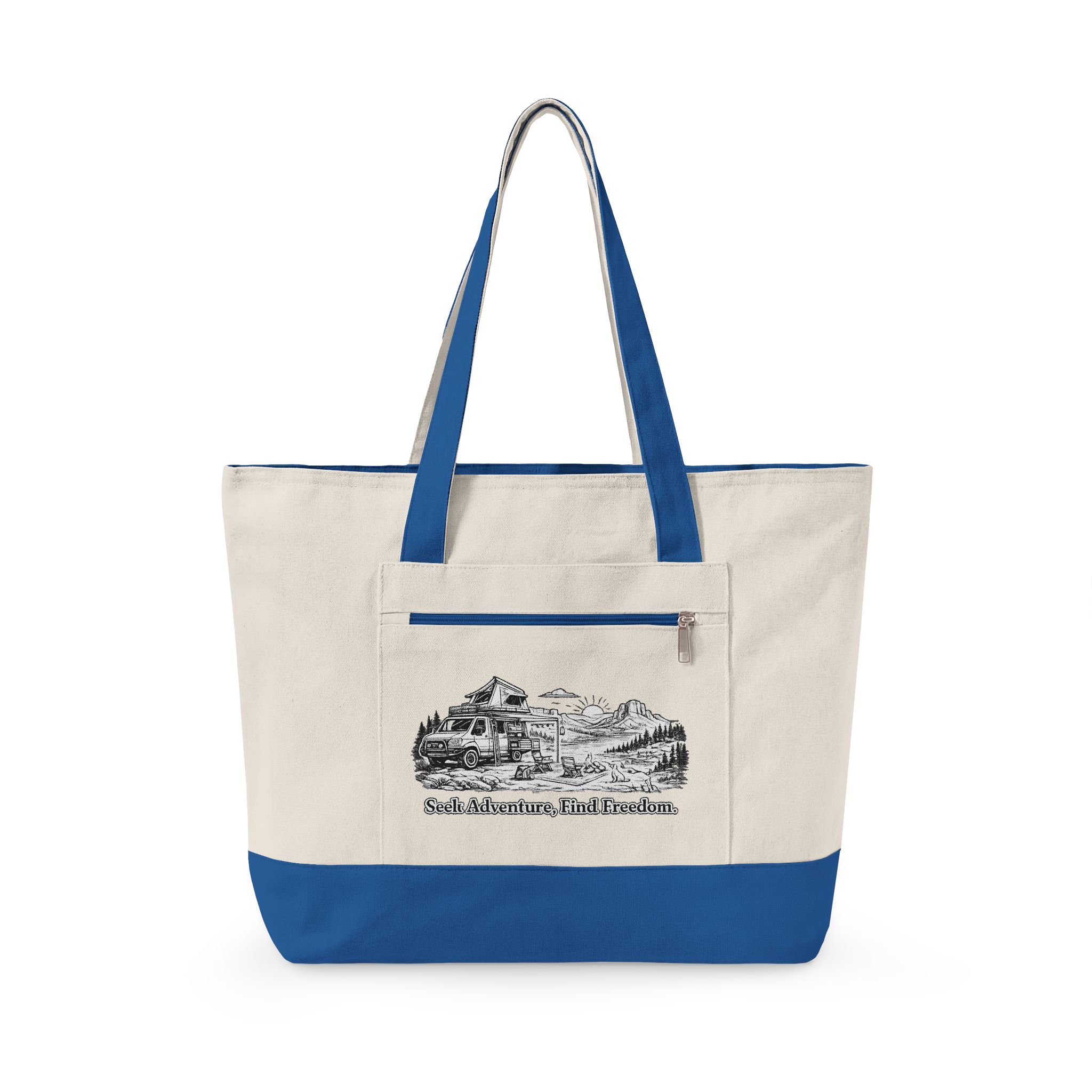 Zippered Canvas Tote — "Seek Adventure, Find Freedom" (Design Minimal-Line)