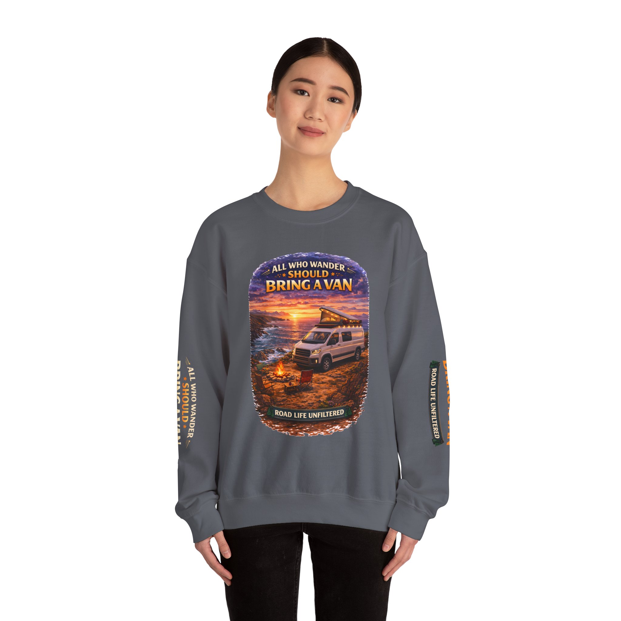 Unisex Heavy Blend™ Crewneck Sweatshirt — "All Who wander Should Bring A Van" Design Scenic-Line