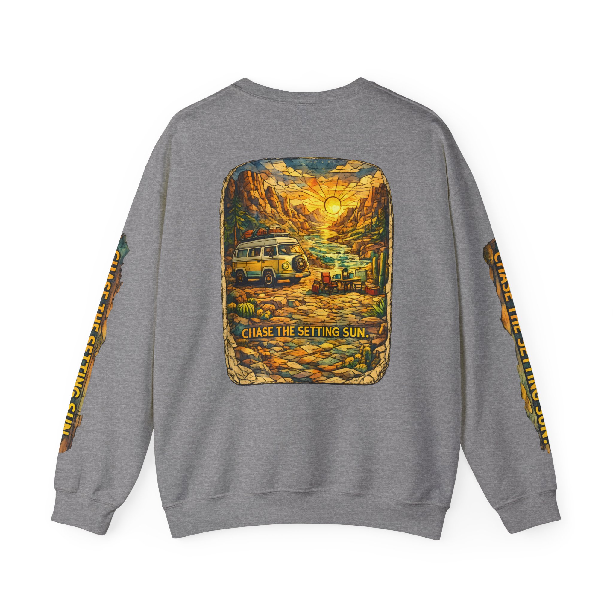 Unisex Heavy Blend™ Crewneck Sweatshirt — "Chase The Settings Sun" Design Cubic-Line