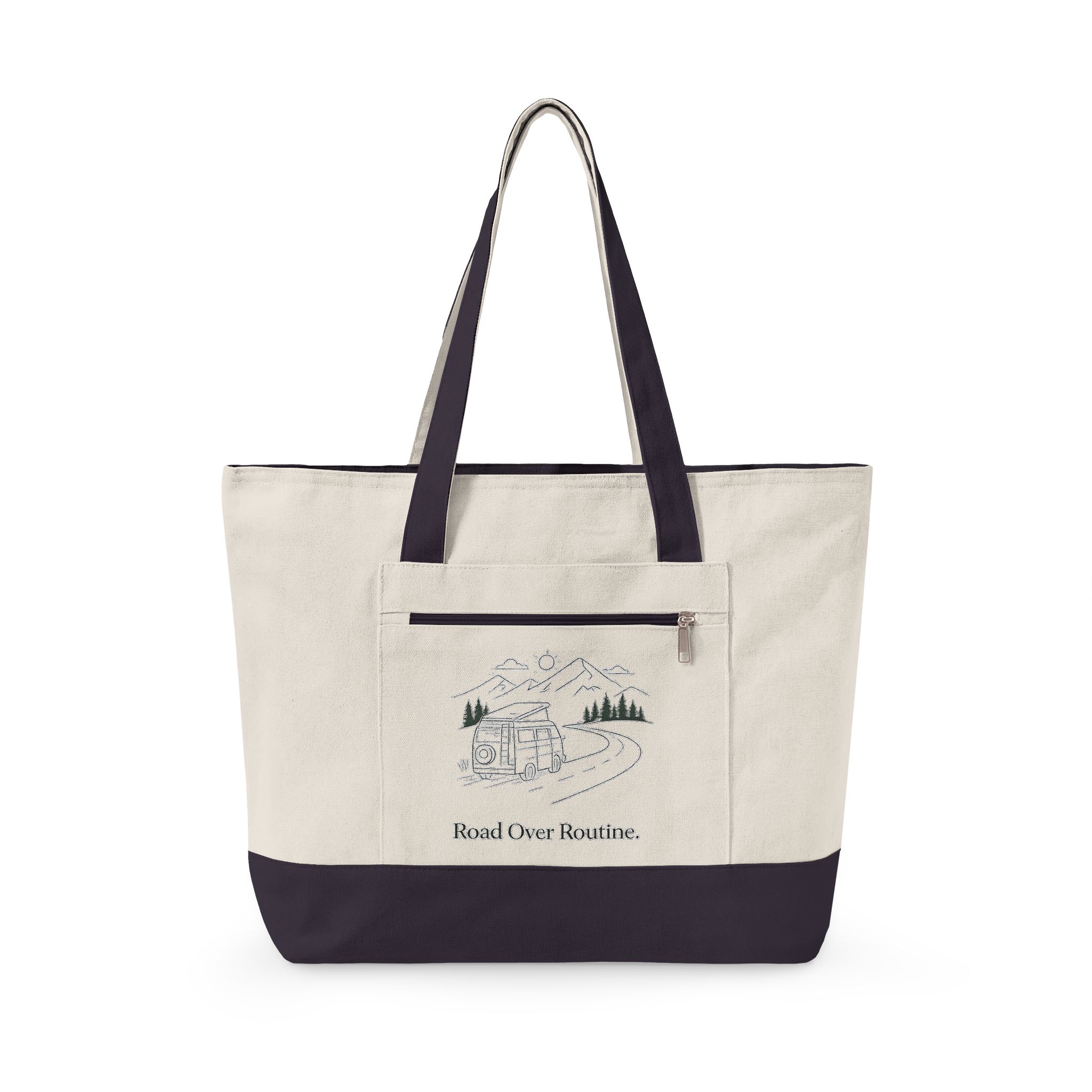 Zippered Canvas Tote — "Road Over Routine" (Design Minimal-Line)